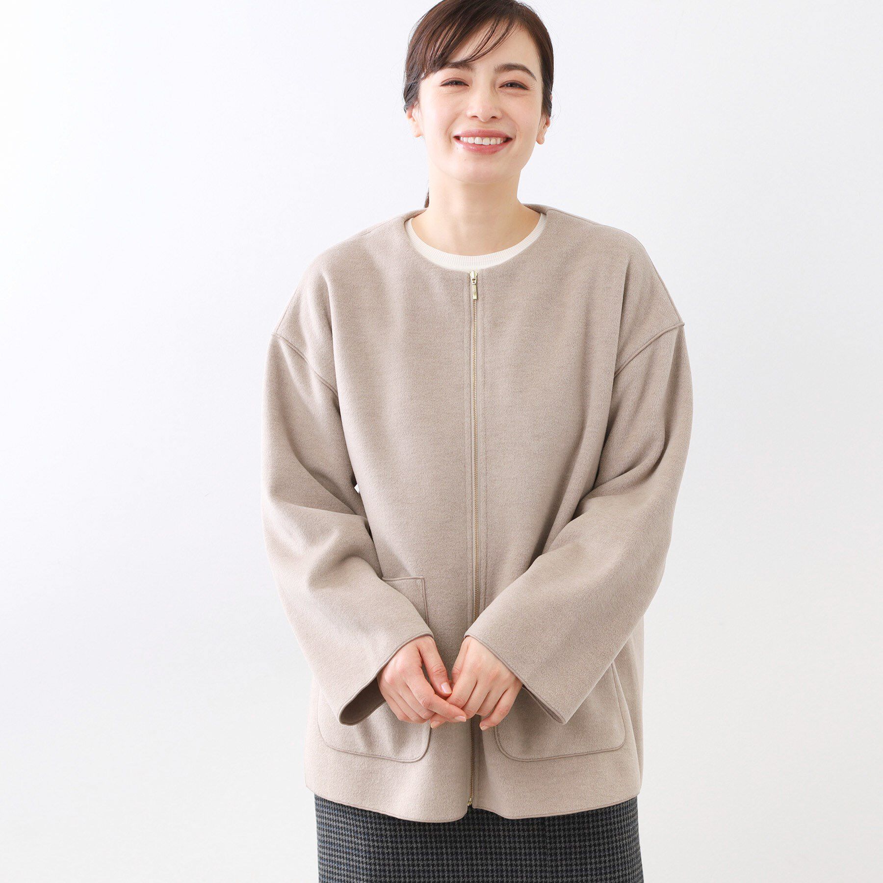 Reflect「【体型カバー／ゆったり着られる◎】リラクシーパイルコート」|ノーカラーコート|