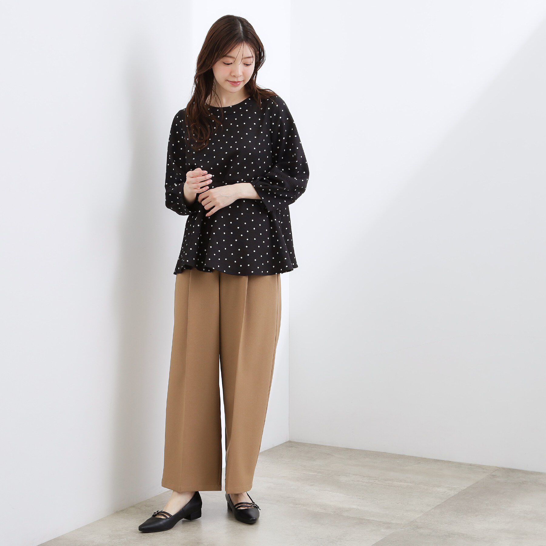 grove「【体型カバーも叶う】麻調メッシュランタンスリーブブラウス」|シャツ・ブラウス|