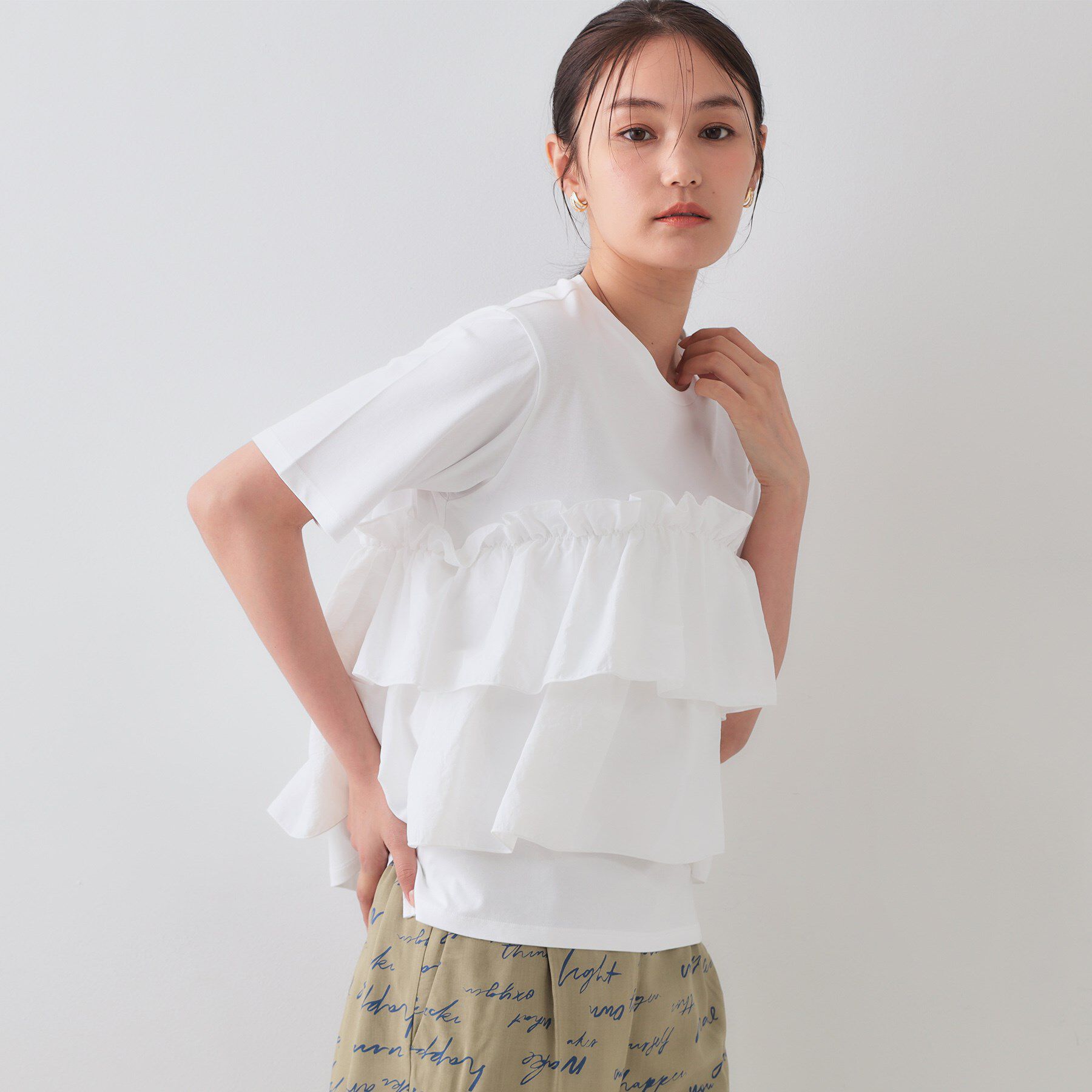 OPAQUE.CLIP「ダブルフリルデザイントップス【洗濯機洗い可】」|Tシャツ・カットソー|ホワイト(001)