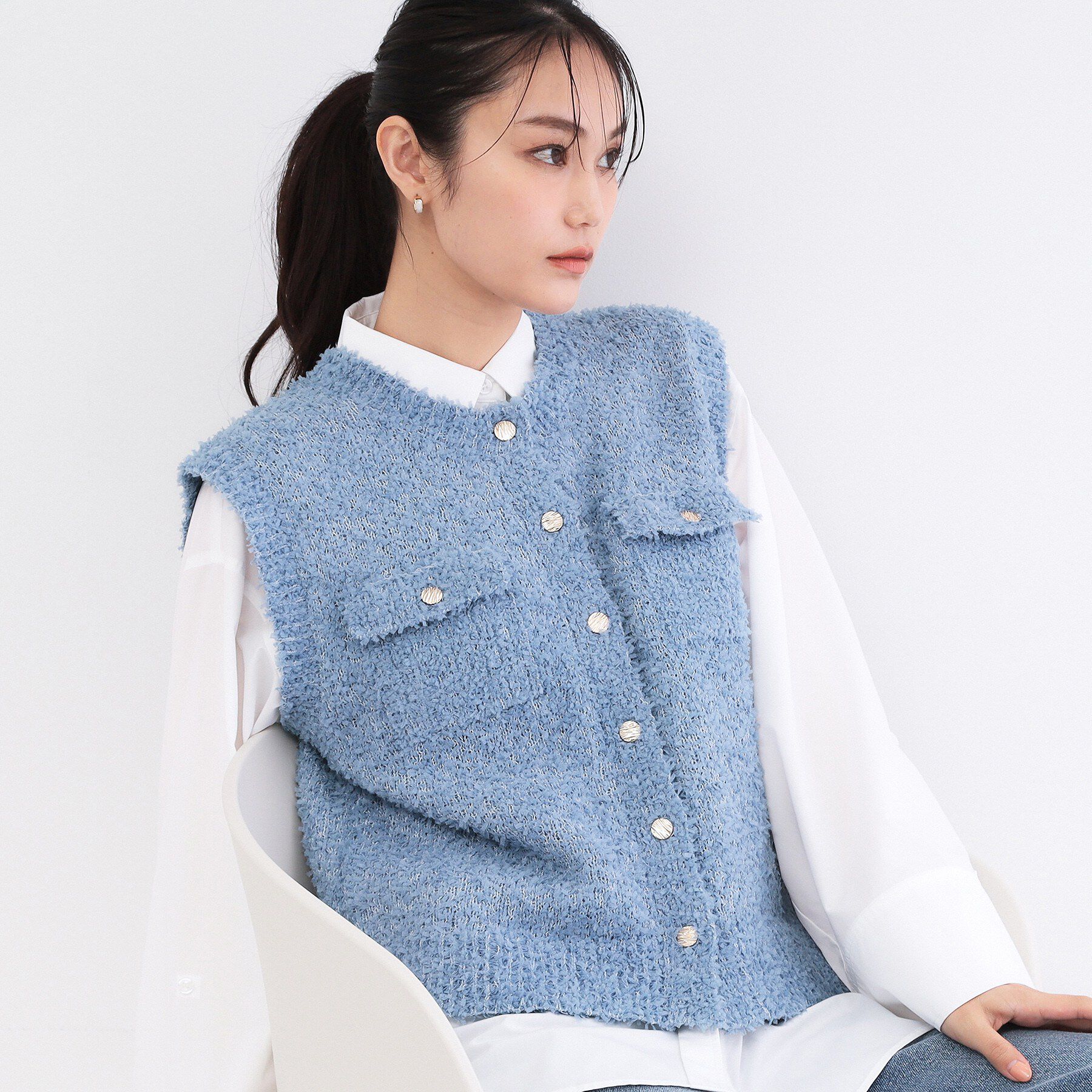 OPAQUE.CLIP「変形金ボタンニットベスト【洗濯機OK】」|ベスト・ジレ|ブルー(091)
