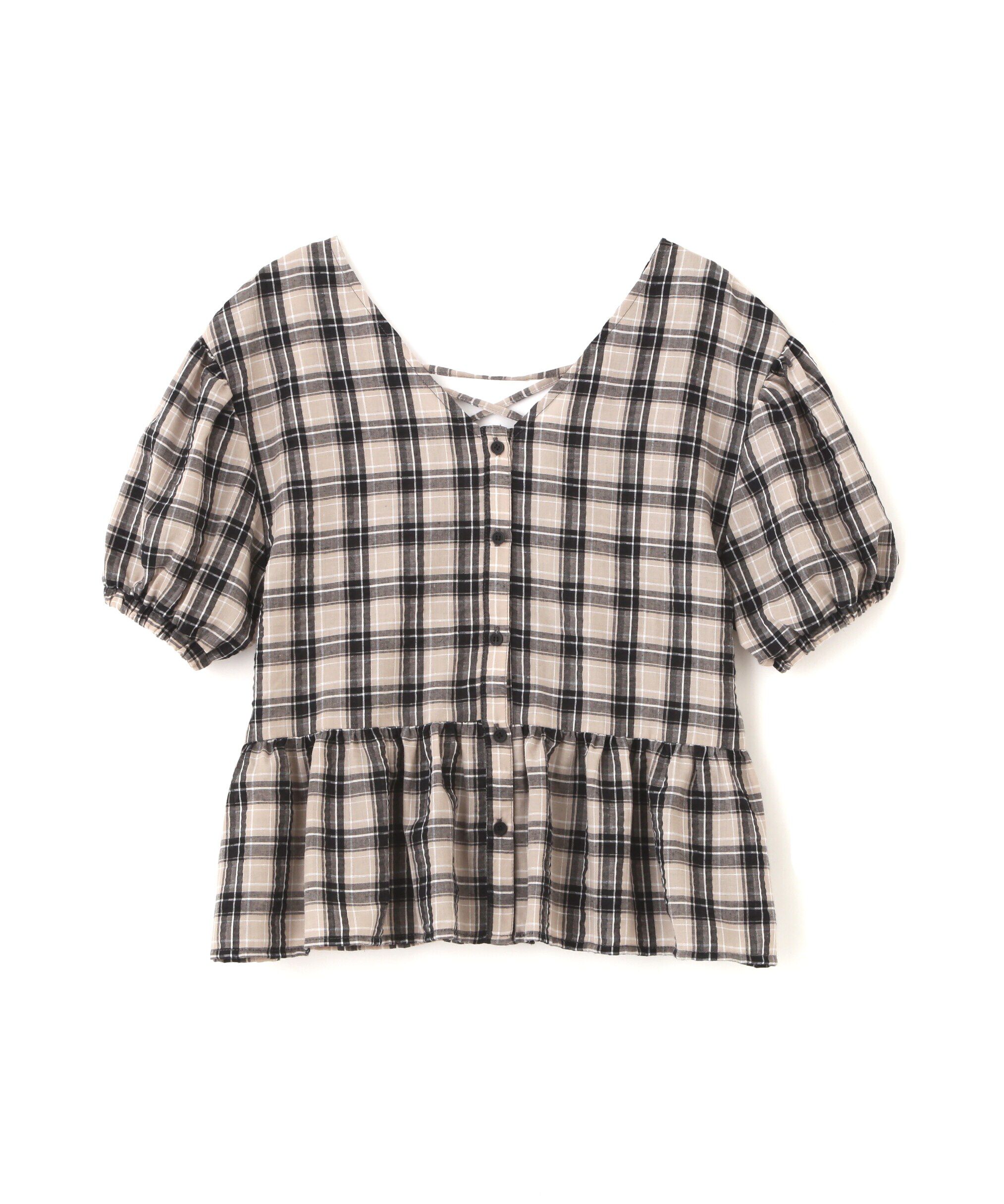  「チェック柄バックレースアップペプラムブラウス」|シャツ・ブラウス|