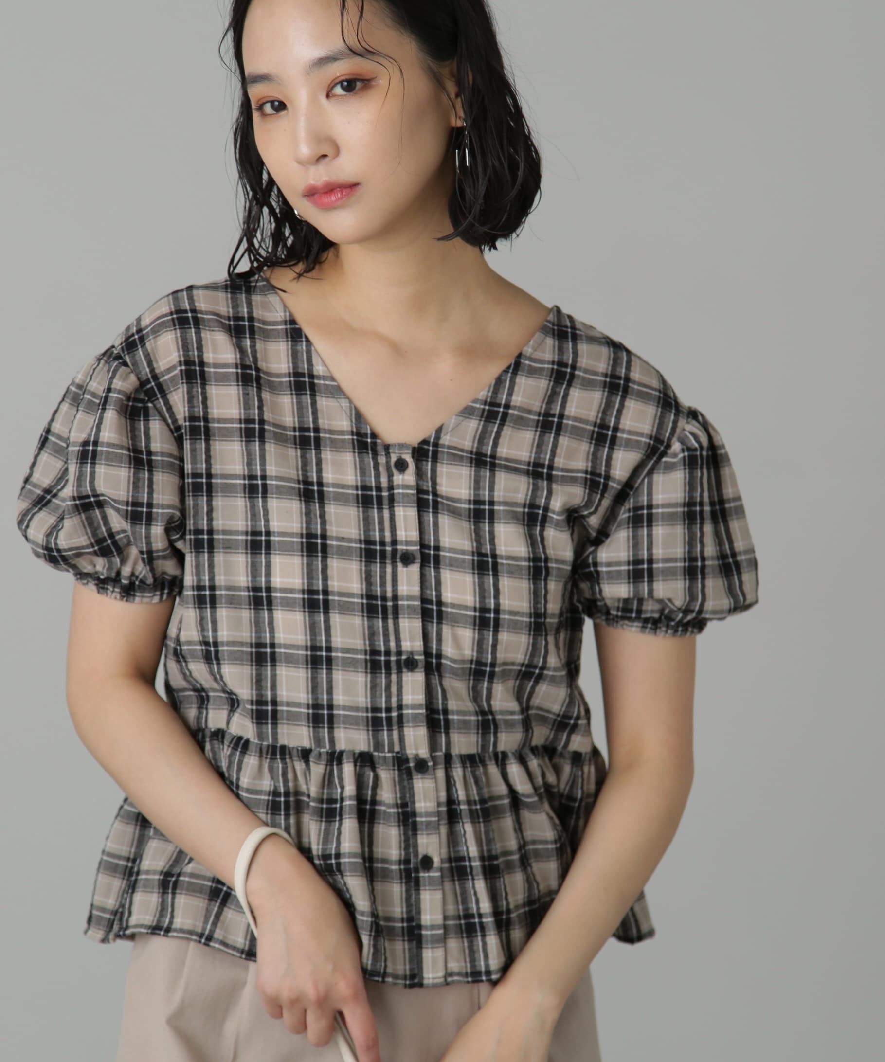  「チェック柄バックレースアップペプラムブラウス」|シャツ・ブラウス|
