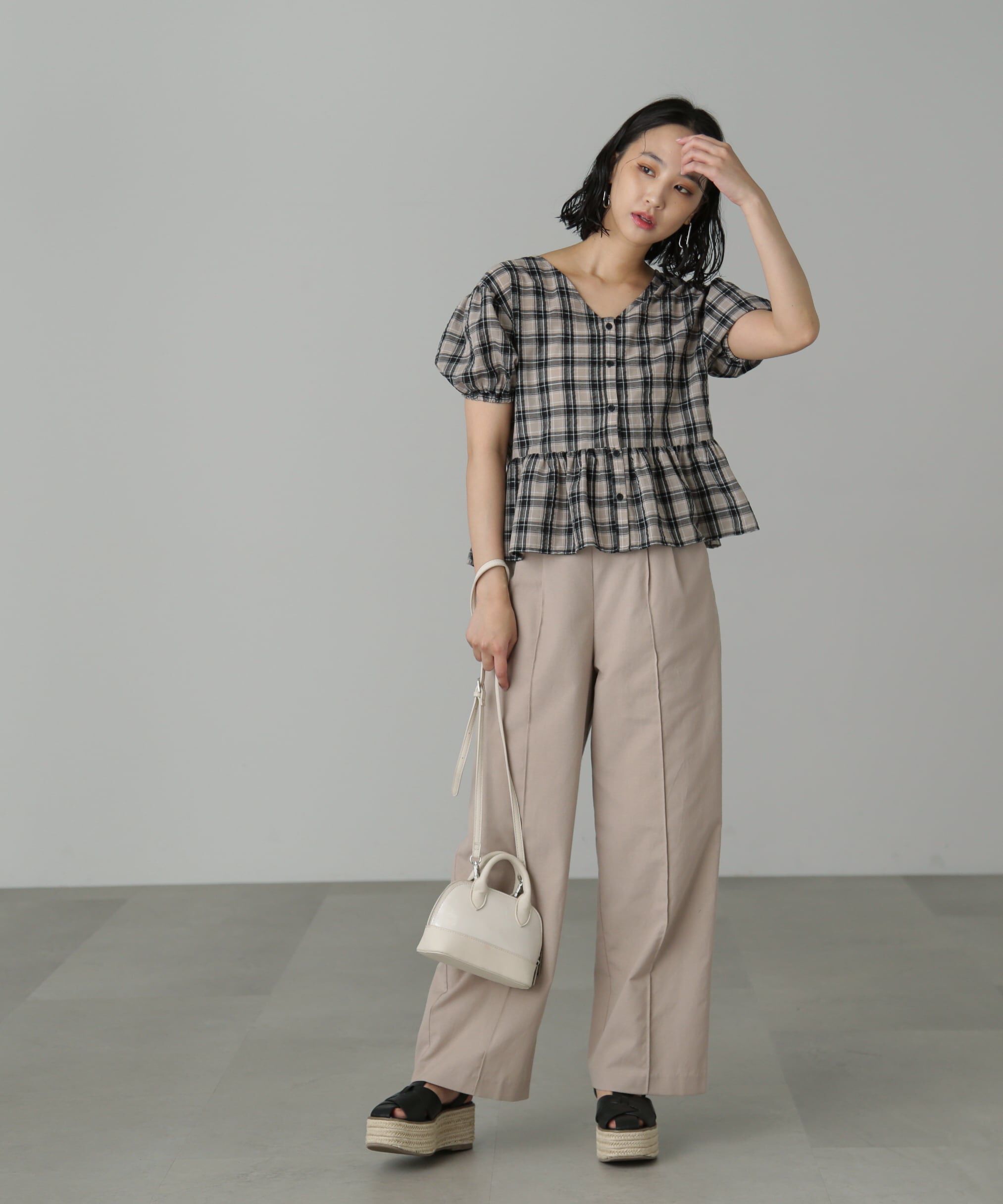  「チェック柄バックレースアップペプラムブラウス」|シャツ・ブラウス|