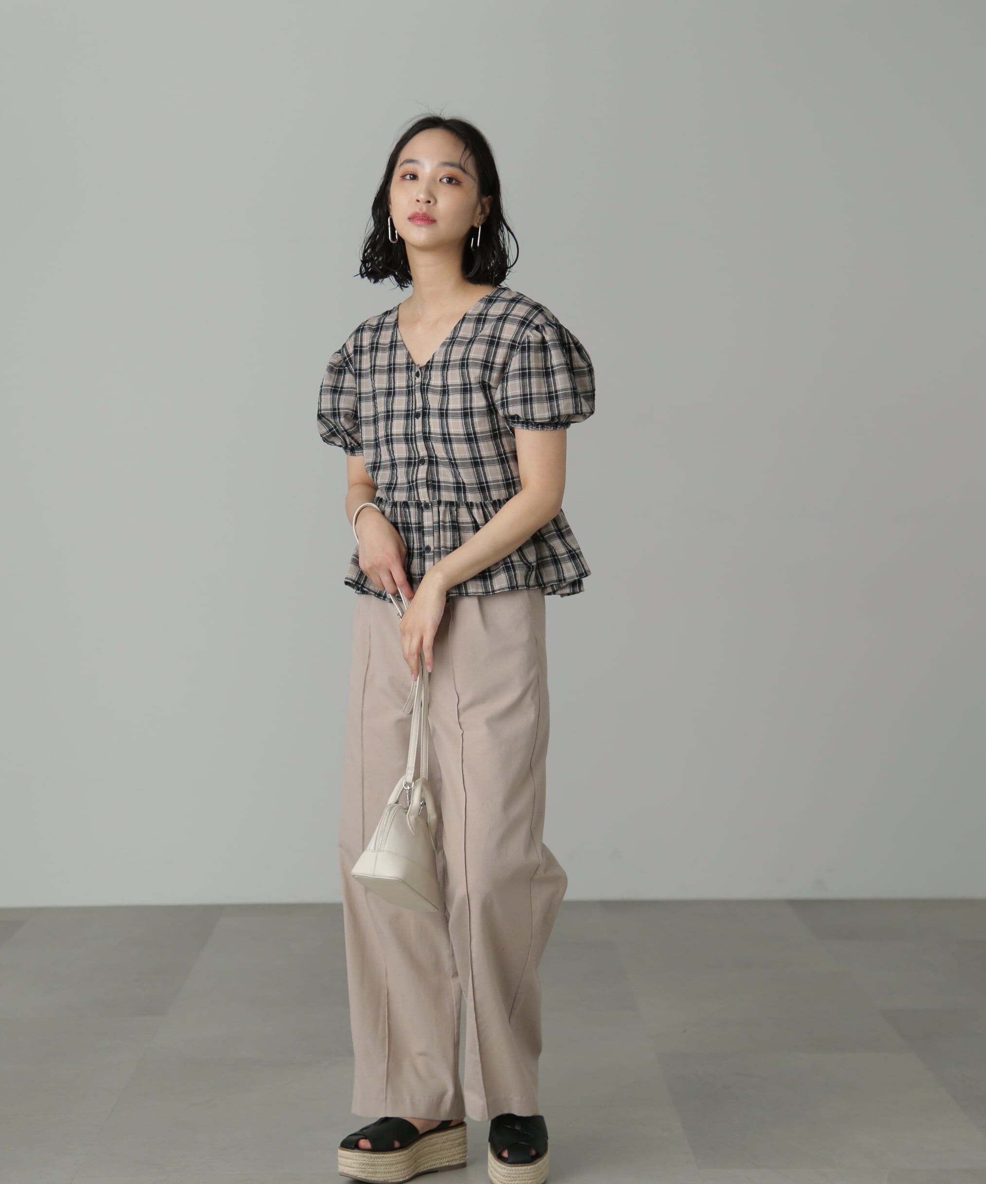  「チェック柄バックレースアップペプラムブラウス」|シャツ・ブラウス|