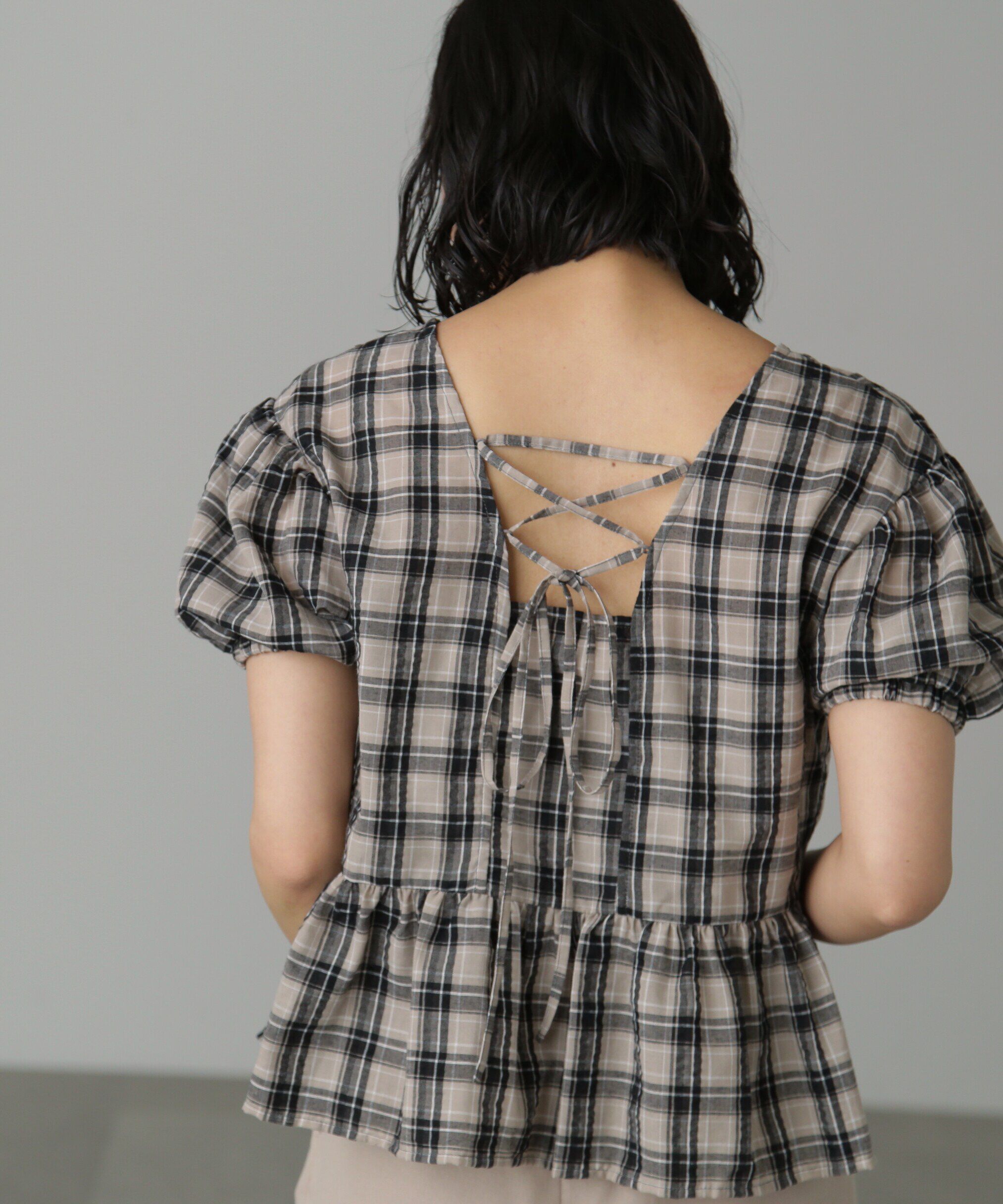  「チェック柄バックレースアップペプラムブラウス」|シャツ・ブラウス|