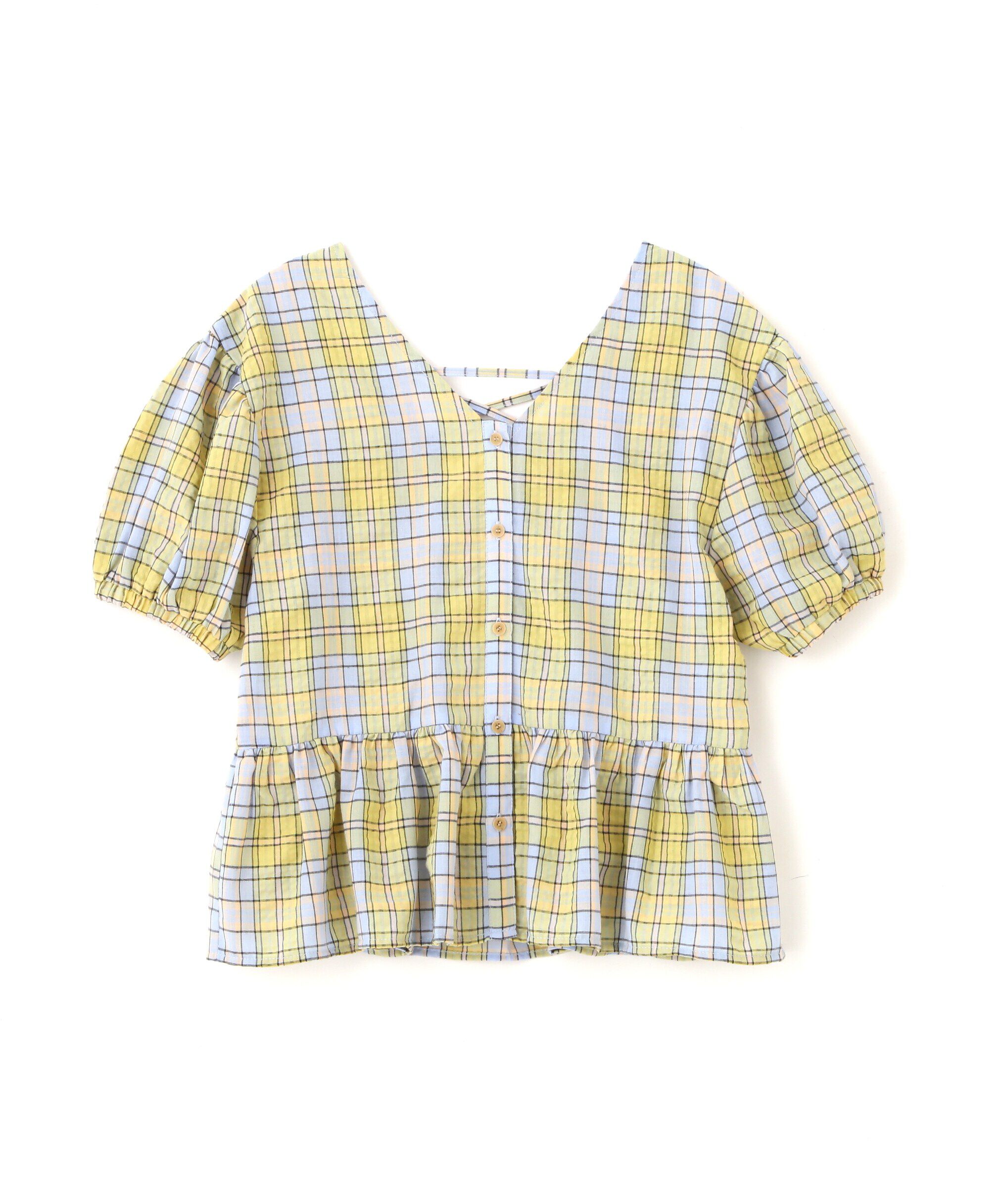  「チェック柄バックレースアップペプラムブラウス」|シャツ・ブラウス|