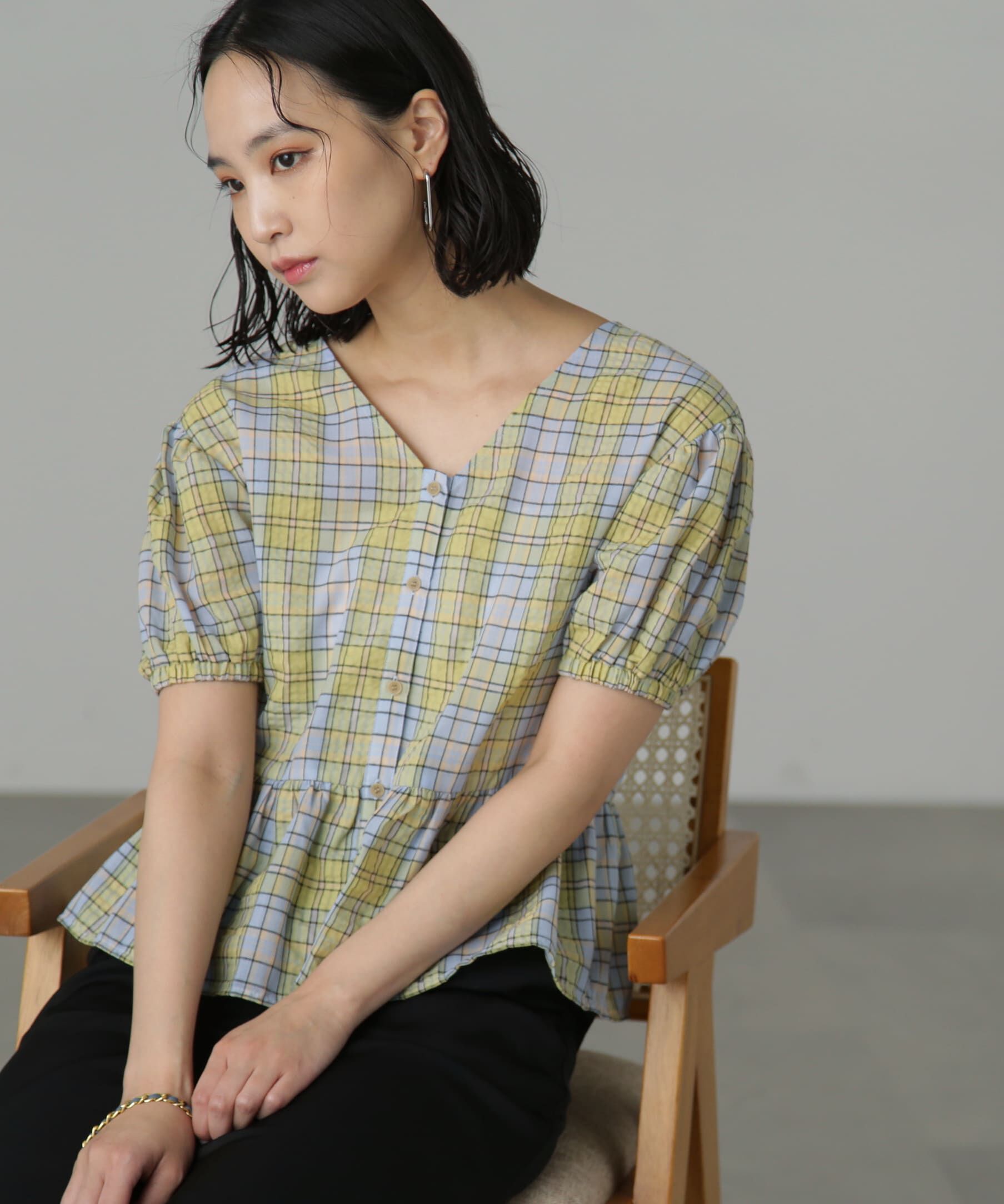  「チェック柄バックレースアップペプラムブラウス」|シャツ・ブラウス|