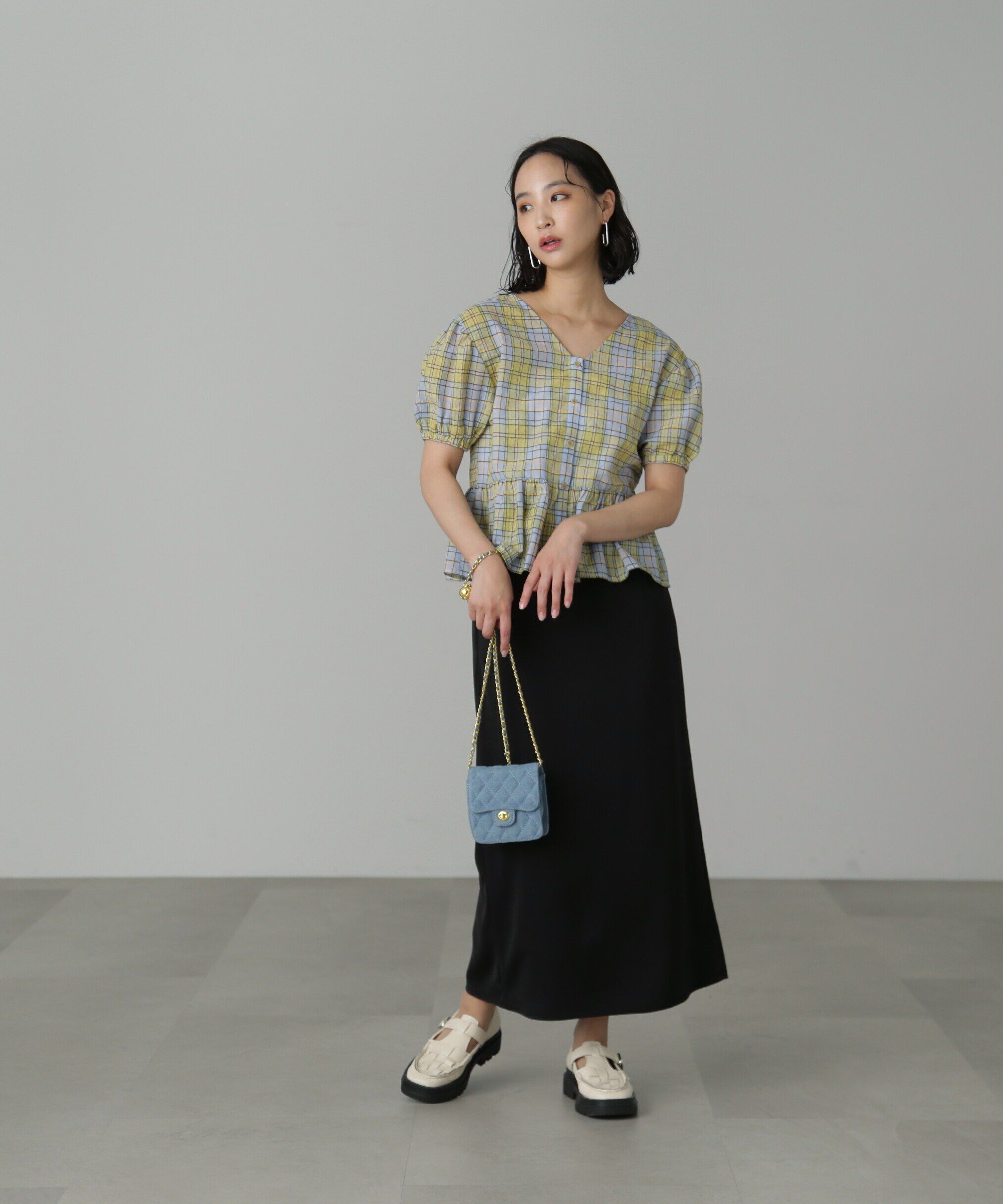  「チェック柄バックレースアップペプラムブラウス」|シャツ・ブラウス|