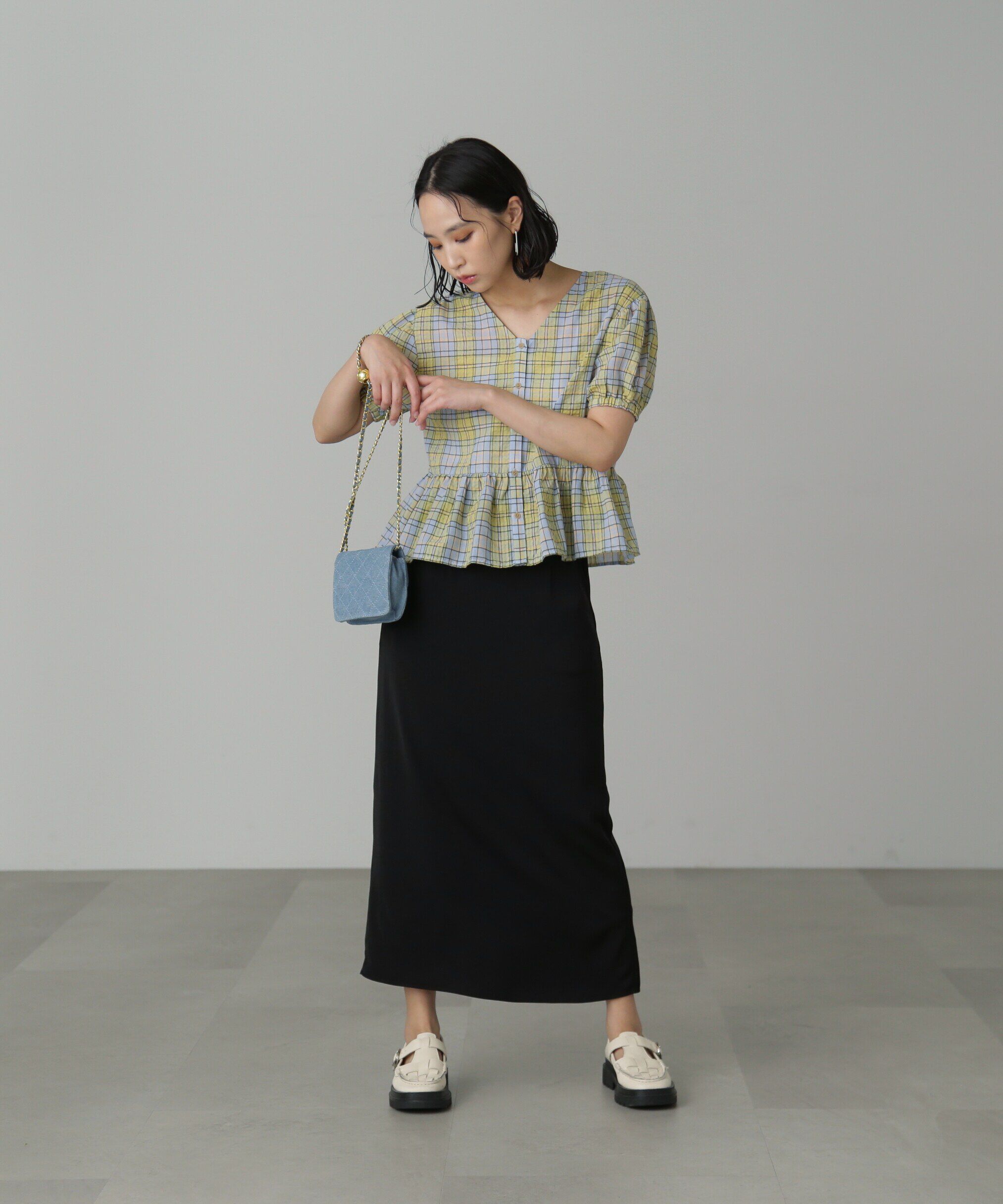  「チェック柄バックレースアップペプラムブラウス」|シャツ・ブラウス|