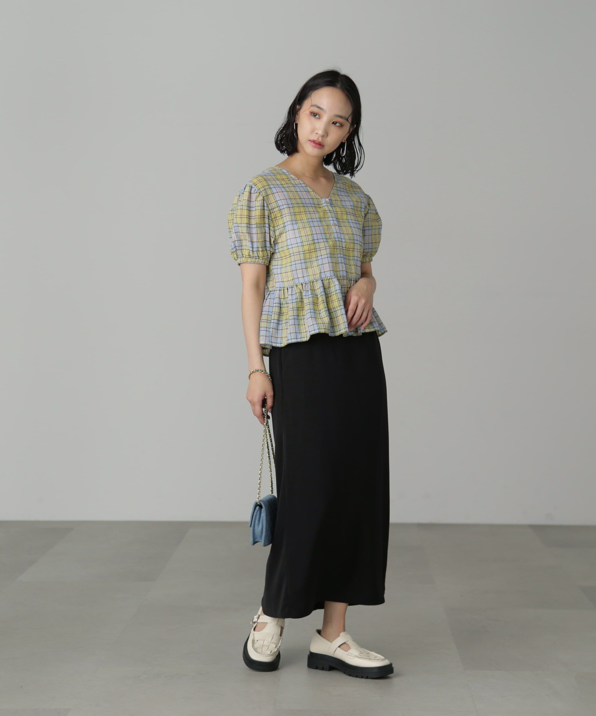  「チェック柄バックレースアップペプラムブラウス」|シャツ・ブラウス|