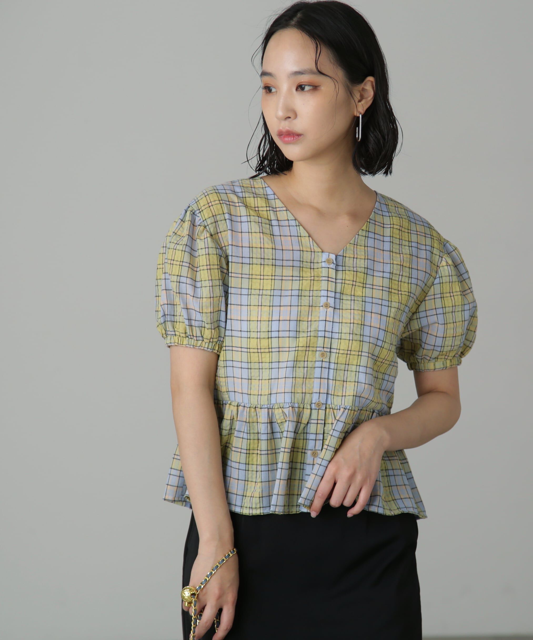 「チェック柄バックレースアップペプラムブラウス」|シャツ・ブラウス|