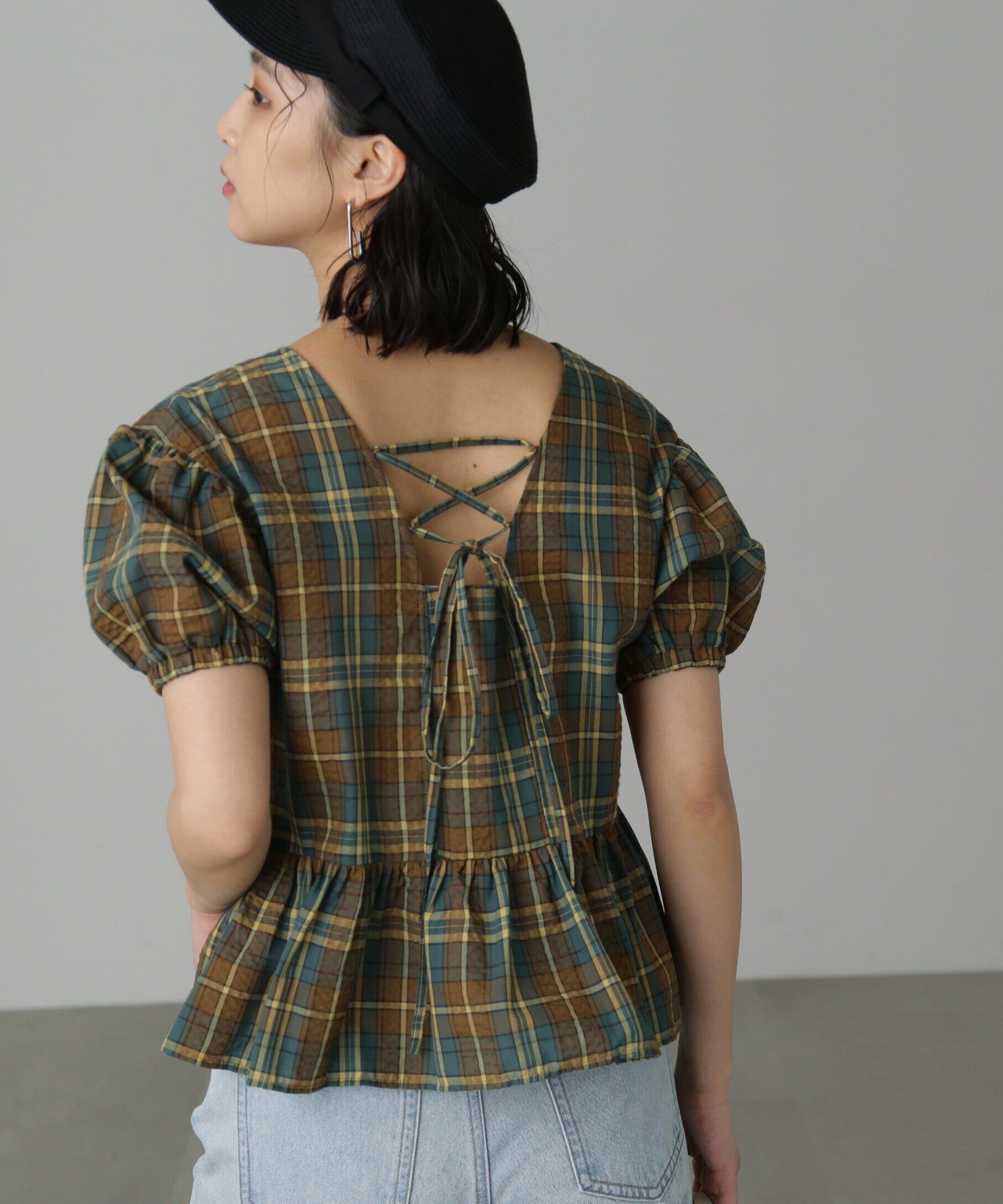  「チェック柄バックレースアップペプラムブラウス」|シャツ・ブラウス|グリーンベー 1