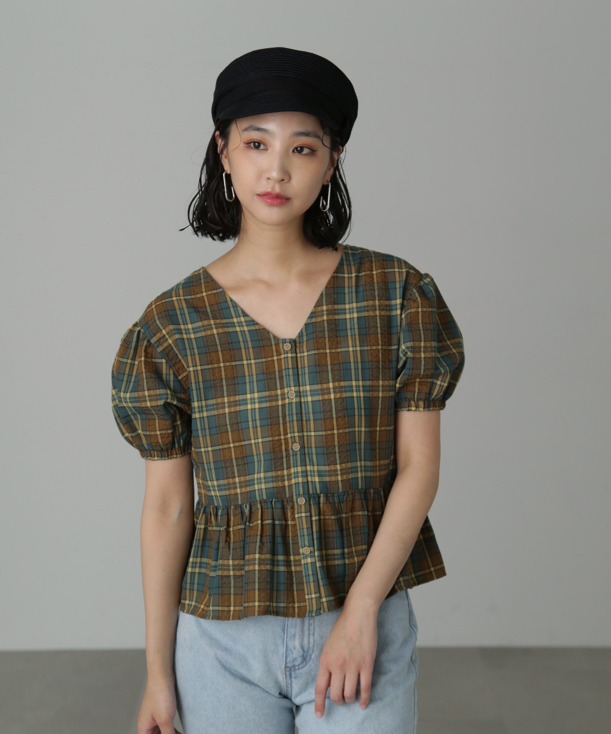  「チェック柄バックレースアップペプラムブラウス」|シャツ・ブラウス|