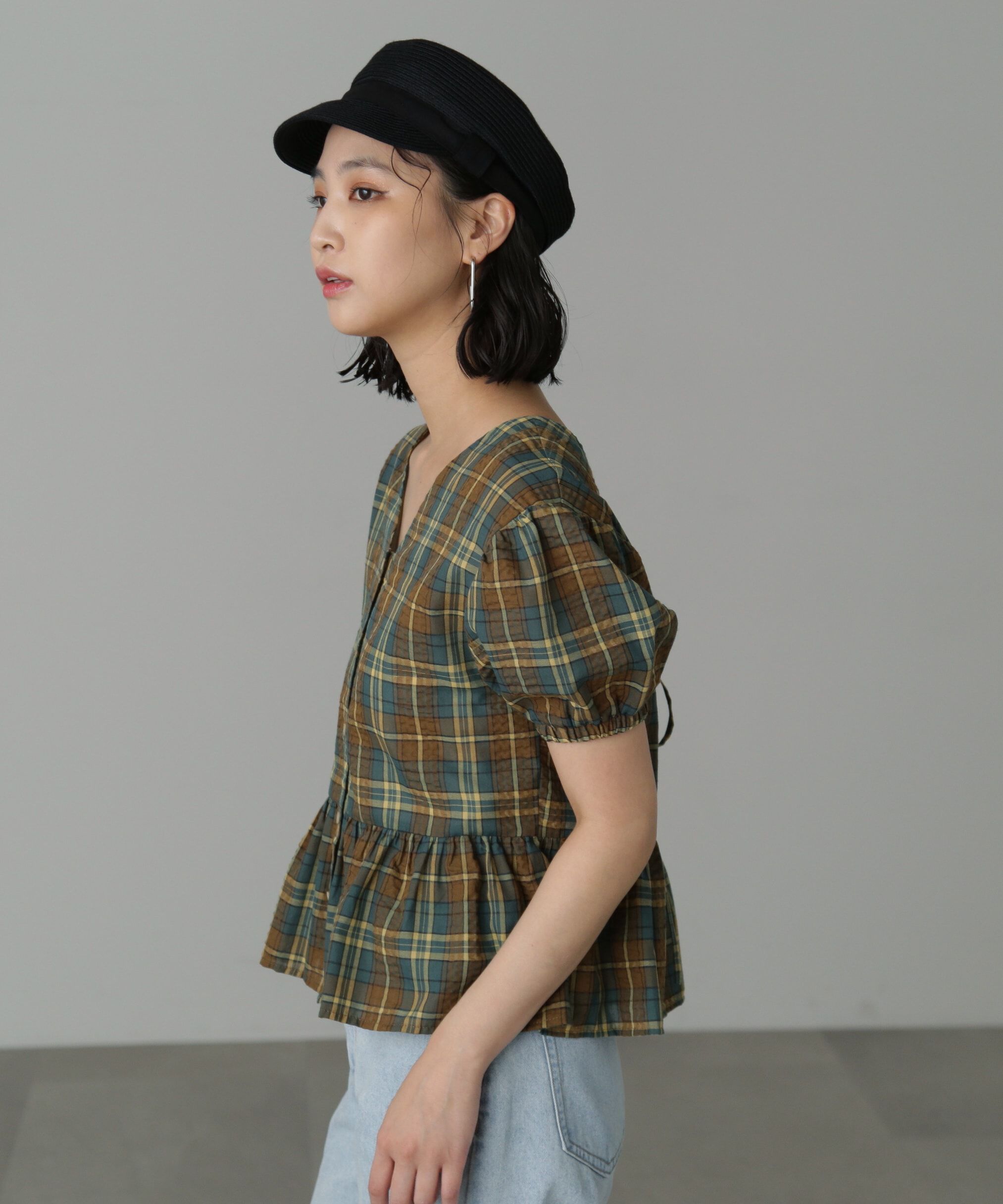  「チェック柄バックレースアップペプラムブラウス」|シャツ・ブラウス|