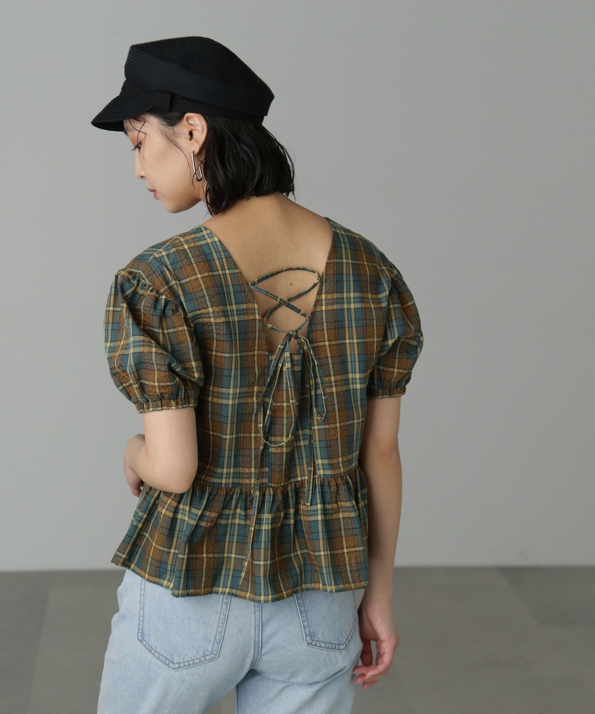  「チェック柄バックレースアップペプラムブラウス」|シャツ・ブラウス|