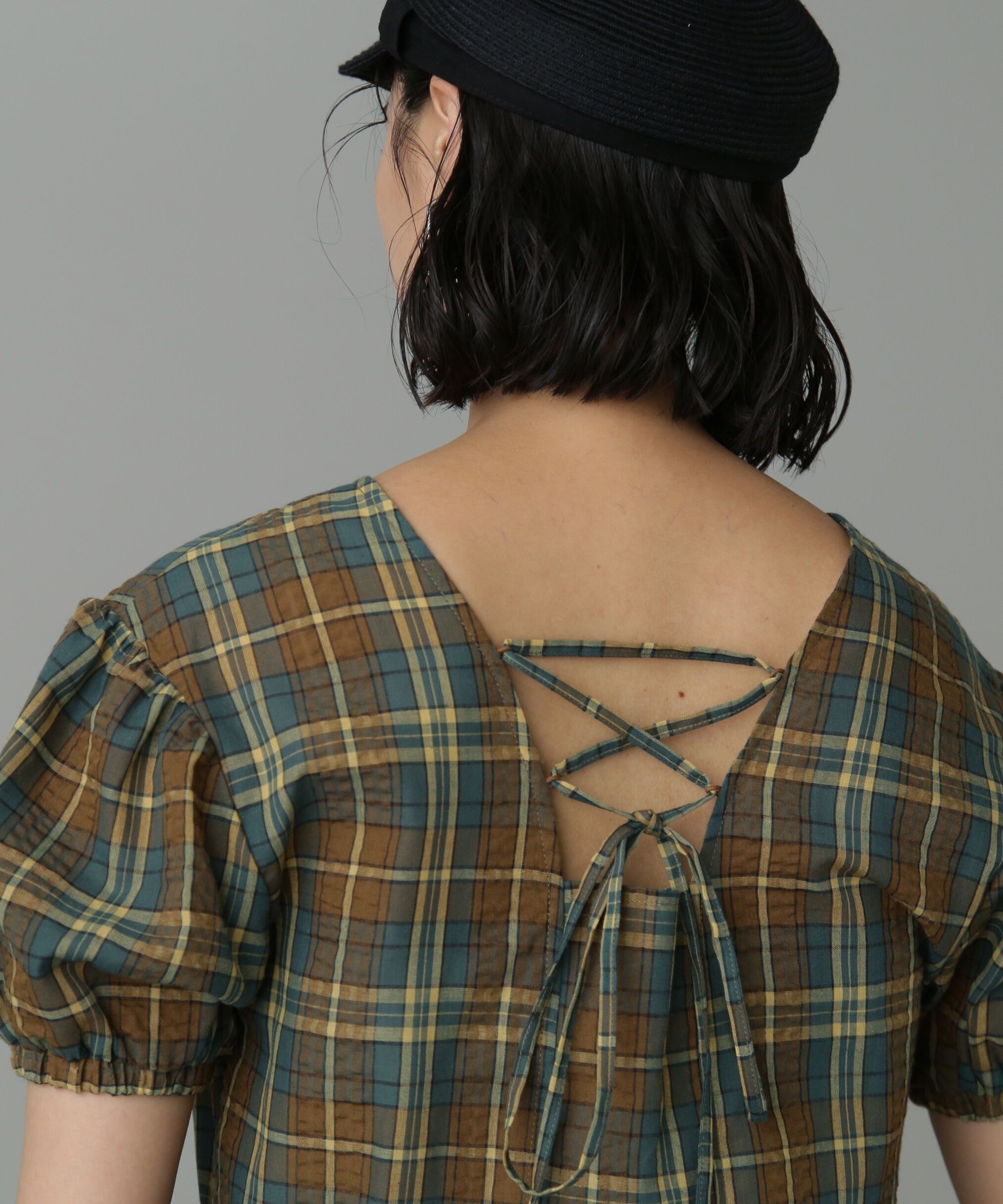  「チェック柄バックレースアップペプラムブラウス」|シャツ・ブラウス|