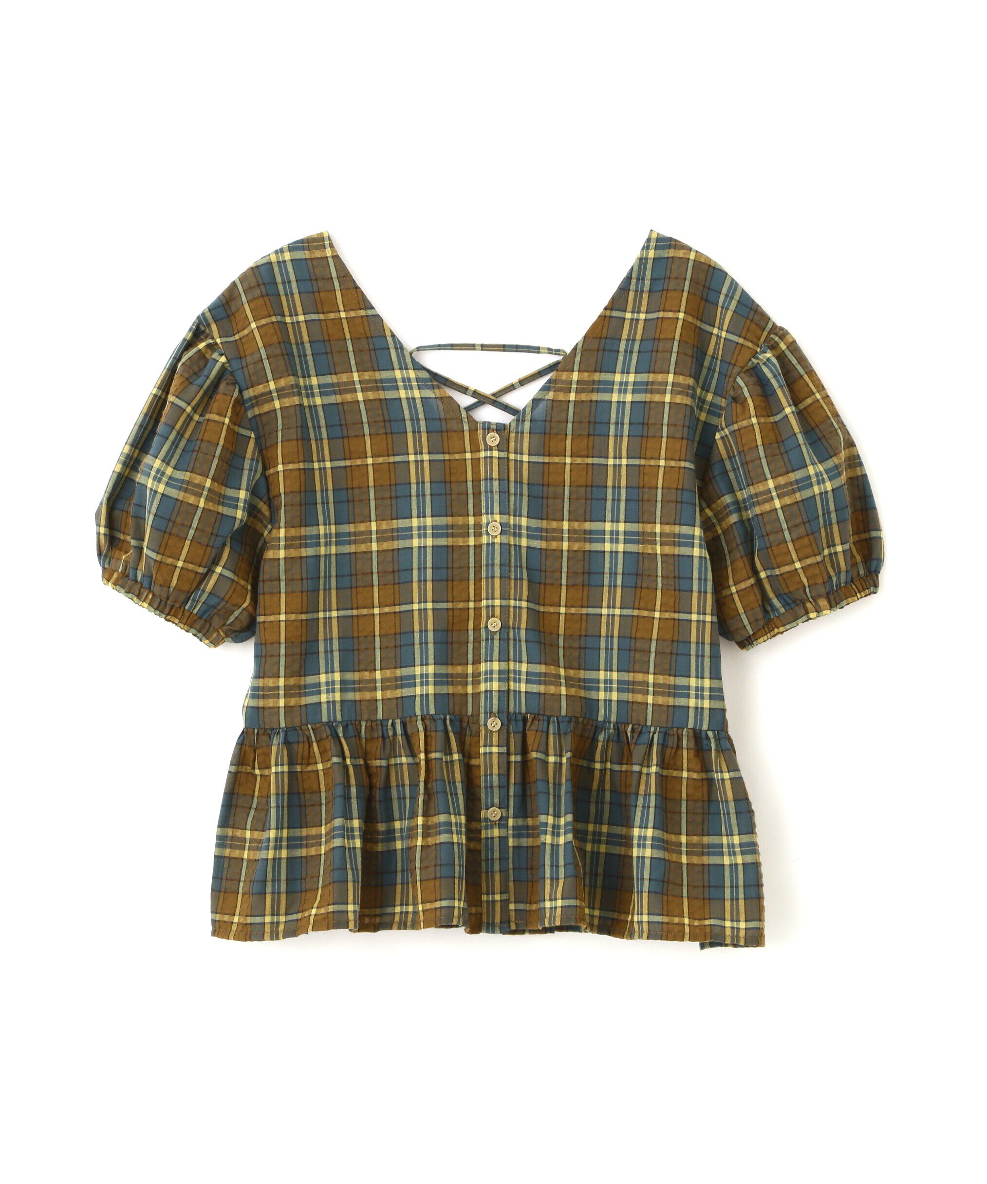  「チェック柄バックレースアップペプラムブラウス」|シャツ・ブラウス|