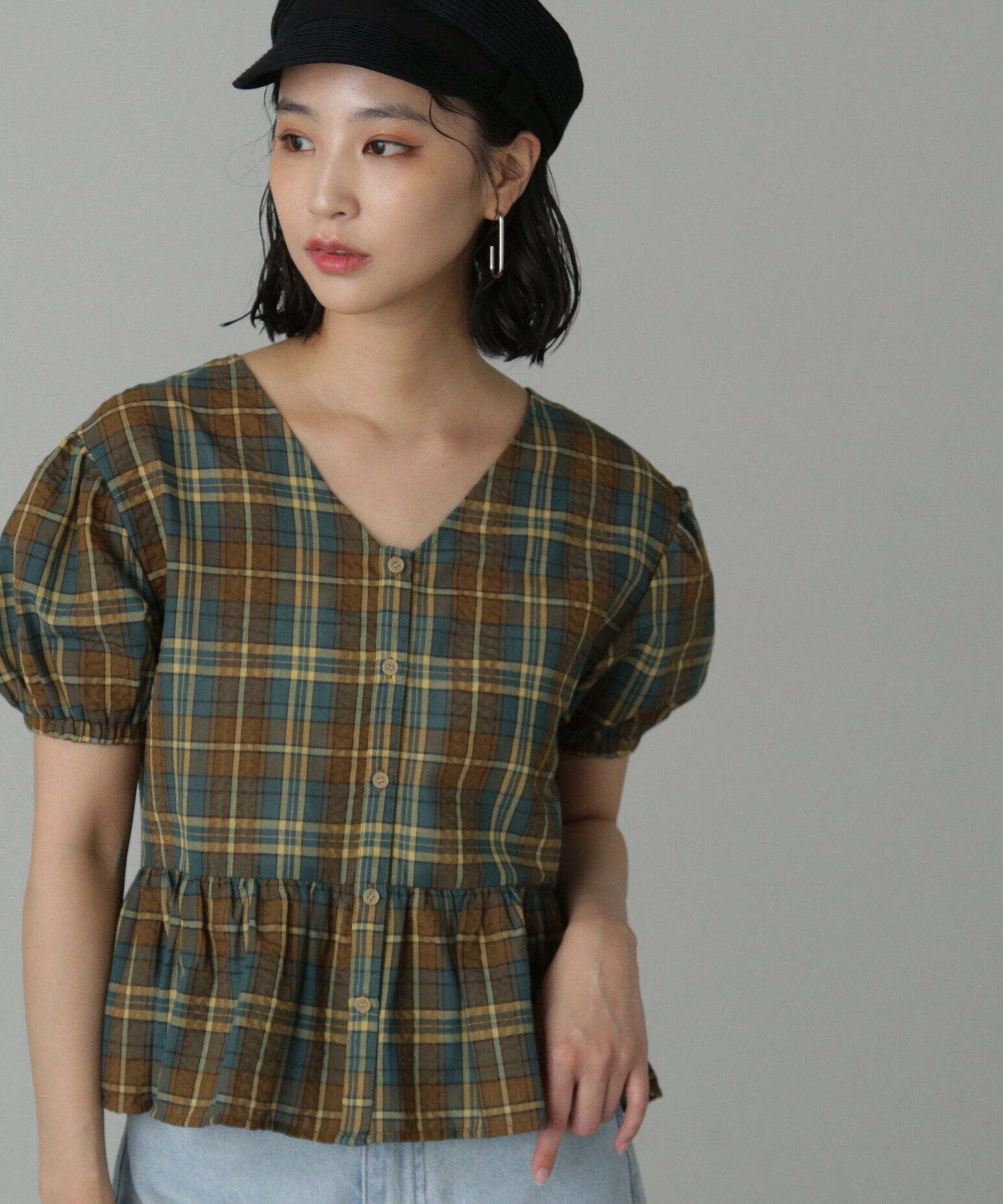  「チェック柄バックレースアップペプラムブラウス」|シャツ・ブラウス|