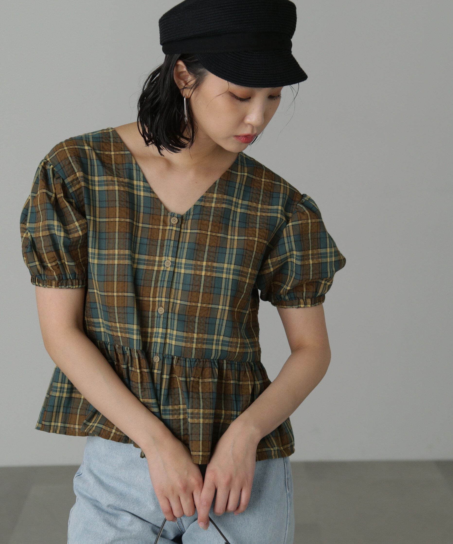  「チェック柄バックレースアップペプラムブラウス」|シャツ・ブラウス|