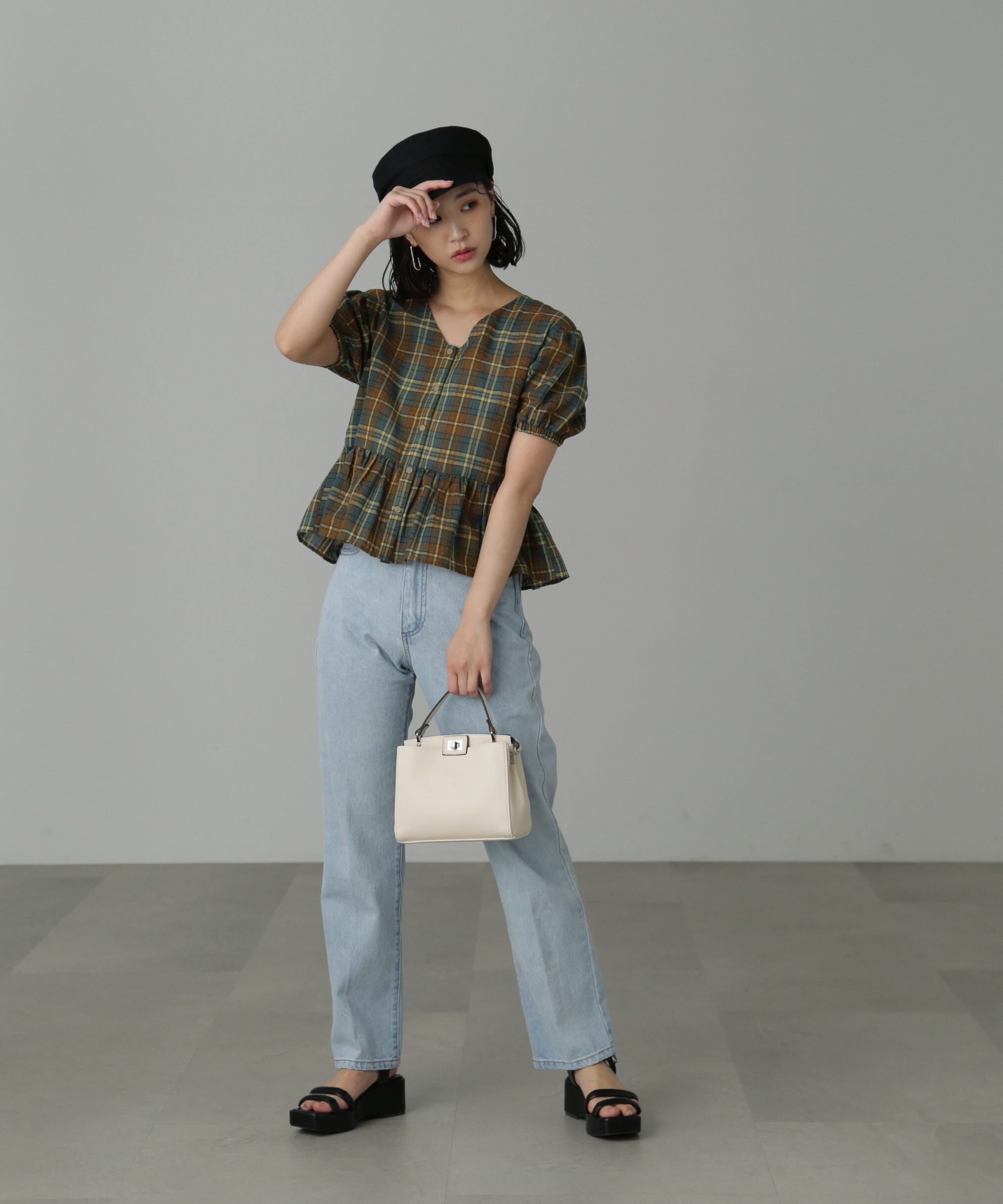  「チェック柄バックレースアップペプラムブラウス」|シャツ・ブラウス|