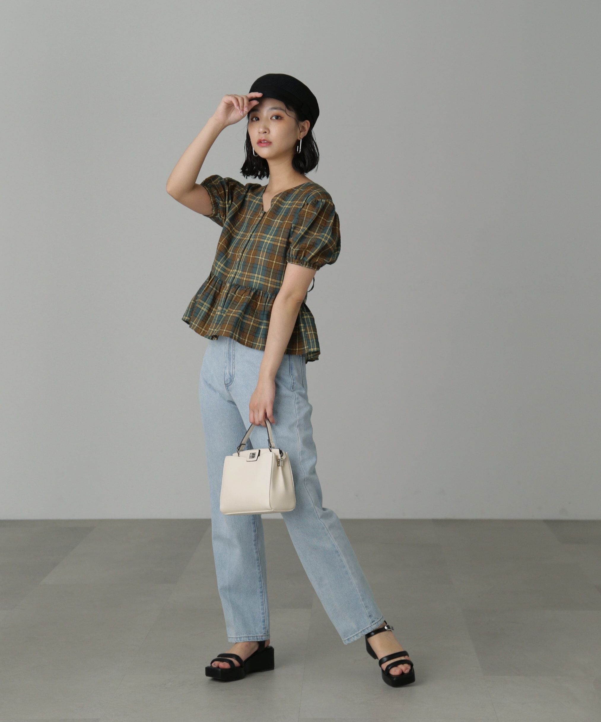  「チェック柄バックレースアップペプラムブラウス」|シャツ・ブラウス|