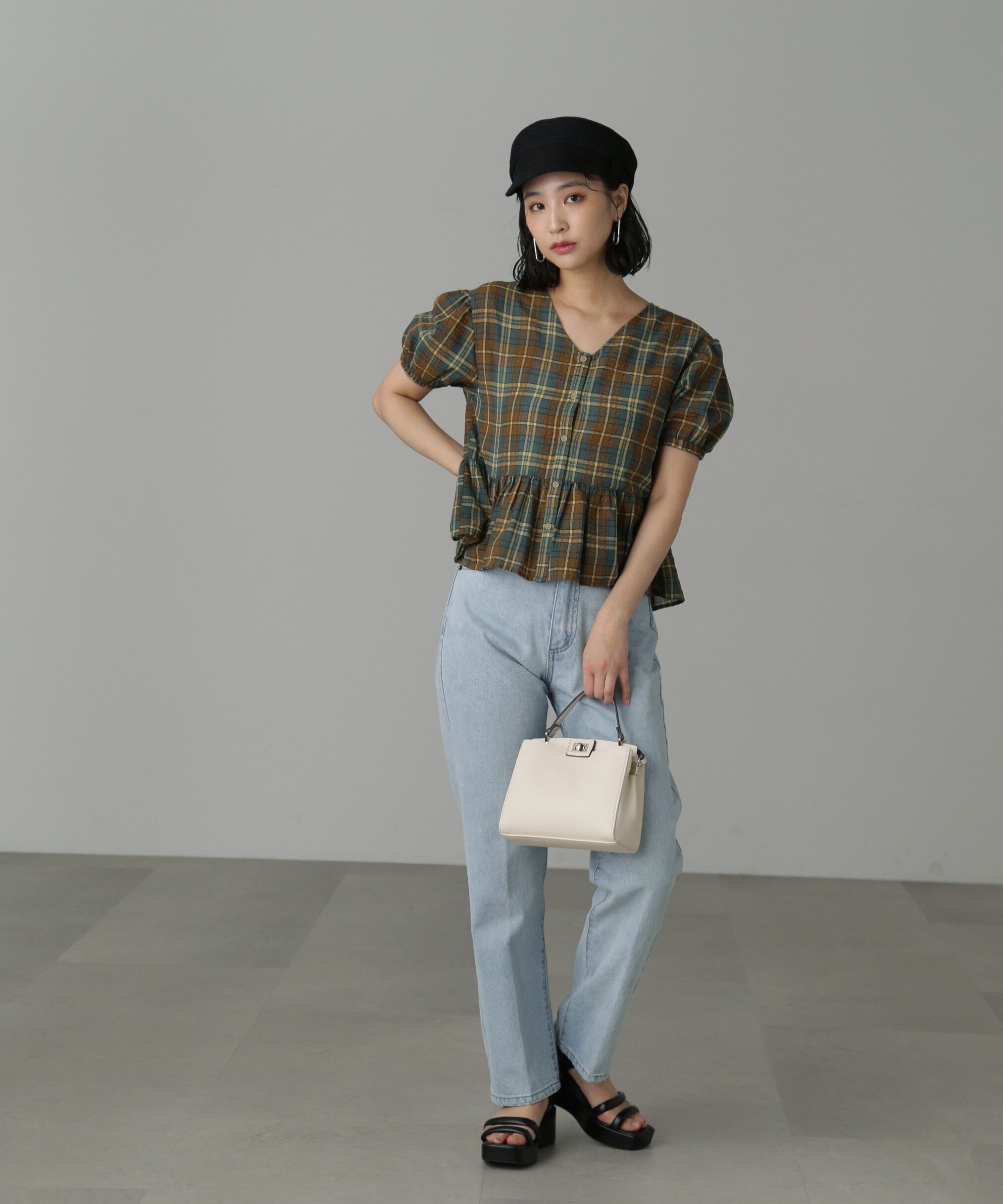  「チェック柄バックレースアップペプラムブラウス」|シャツ・ブラウス|