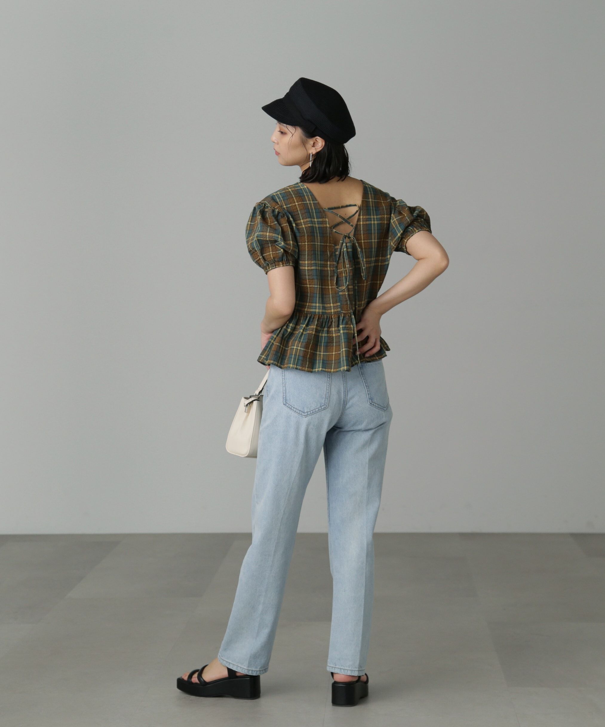  「チェック柄バックレースアップペプラムブラウス」|シャツ・ブラウス|