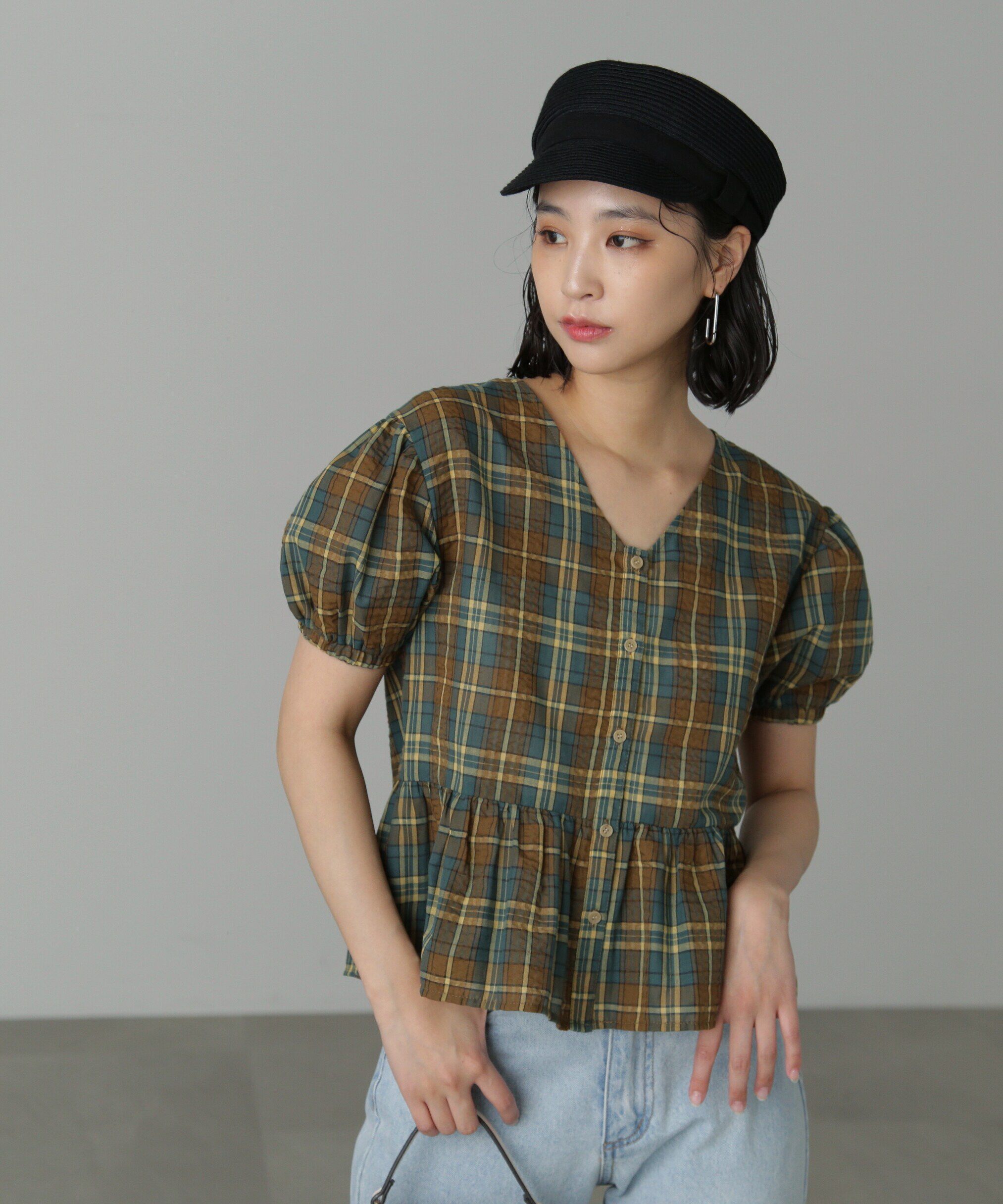  「チェック柄バックレースアップペプラムブラウス」|シャツ・ブラウス|
