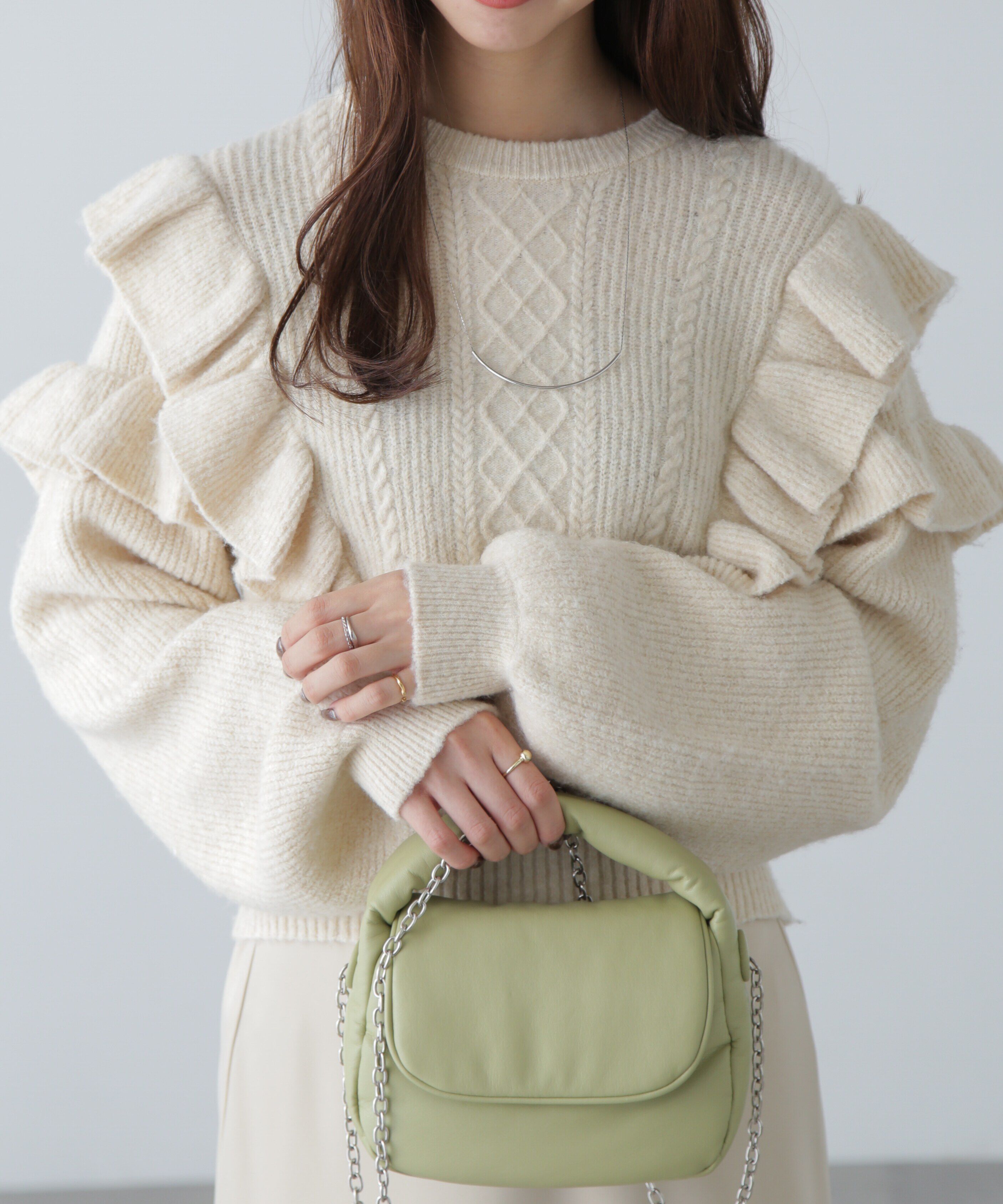  「肩フリルケーブルニット」|ニット・セーター|ホワイト