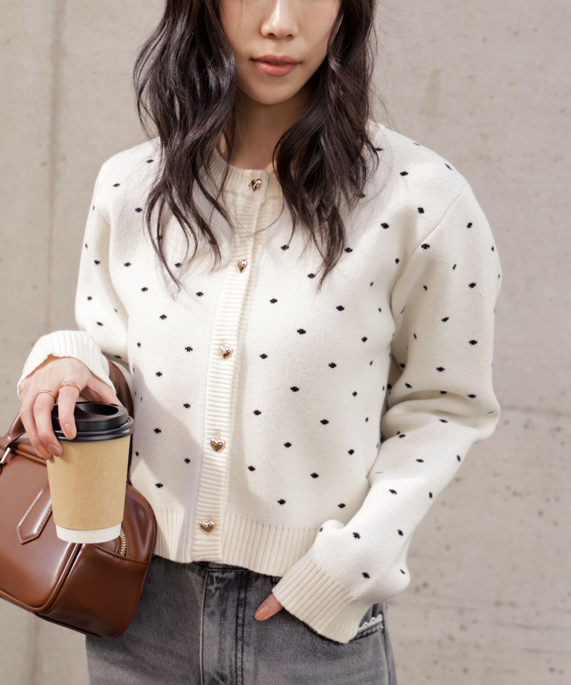  「ハートボタンドット柄カーディガン」|ニット・セーター|オフ
