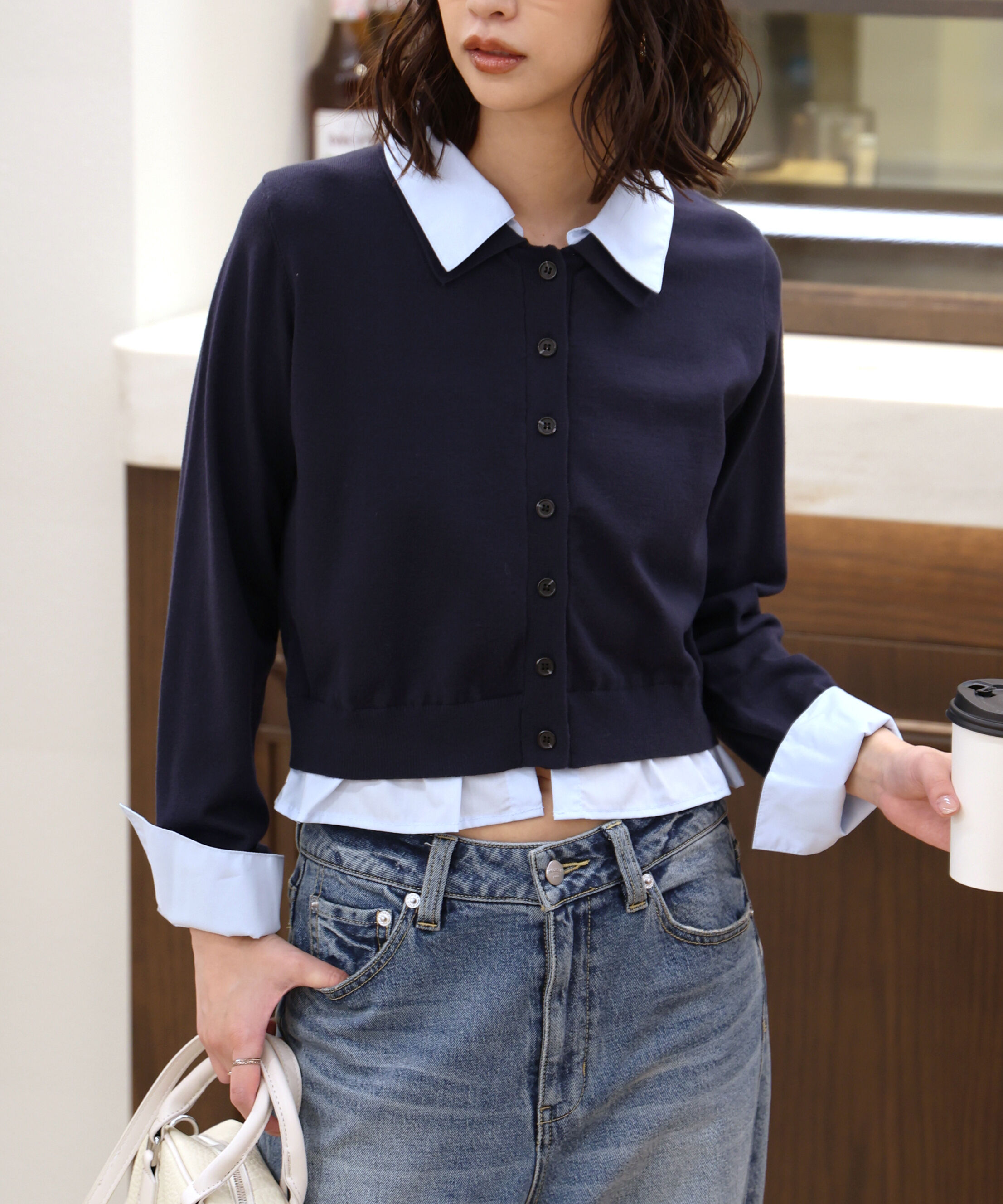  「シャツフェイクレイヤードポロカーディガン」|ニット・セーター|