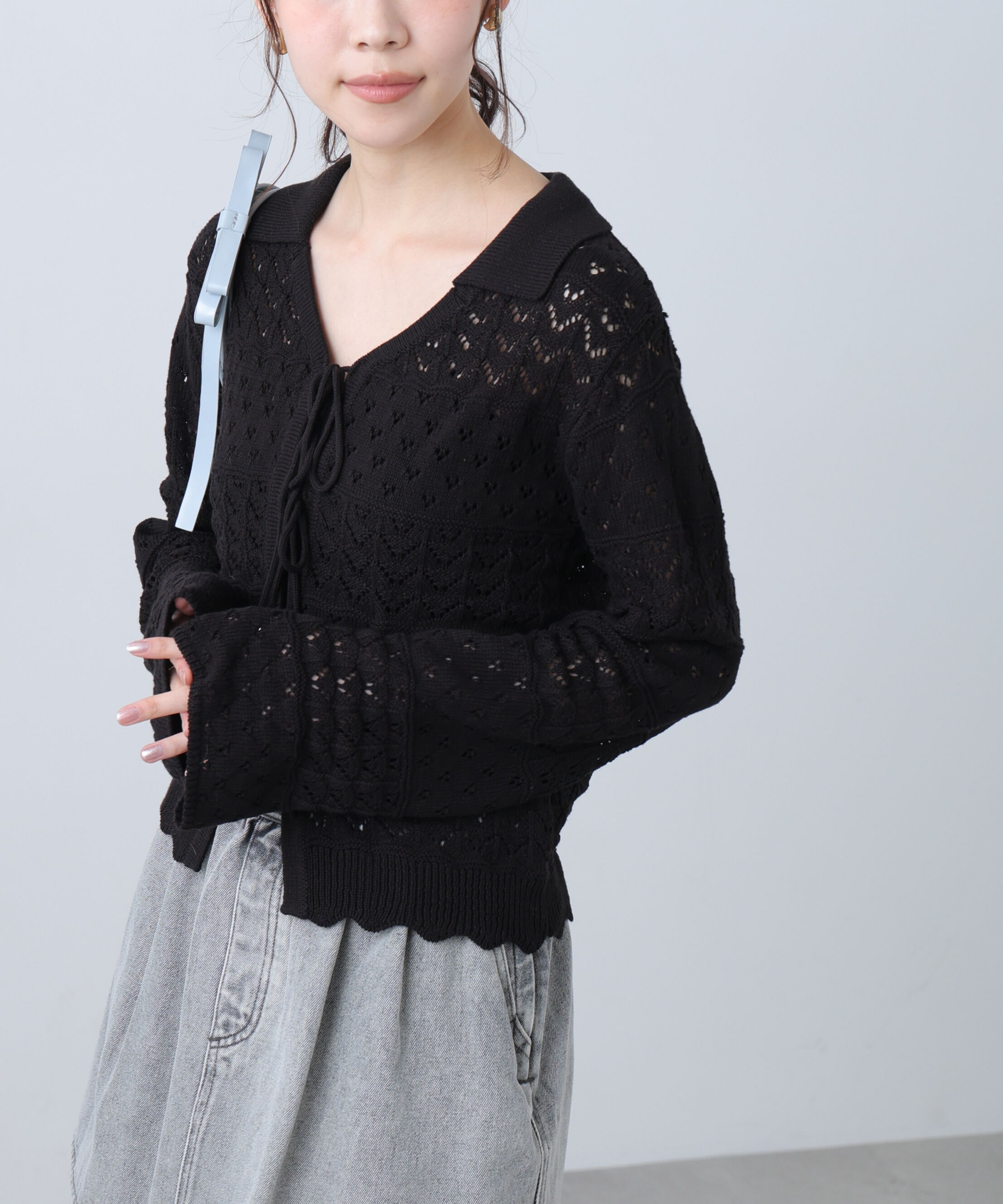  「透かし編み襟付きニットカーディガン」|ニット・セーター|