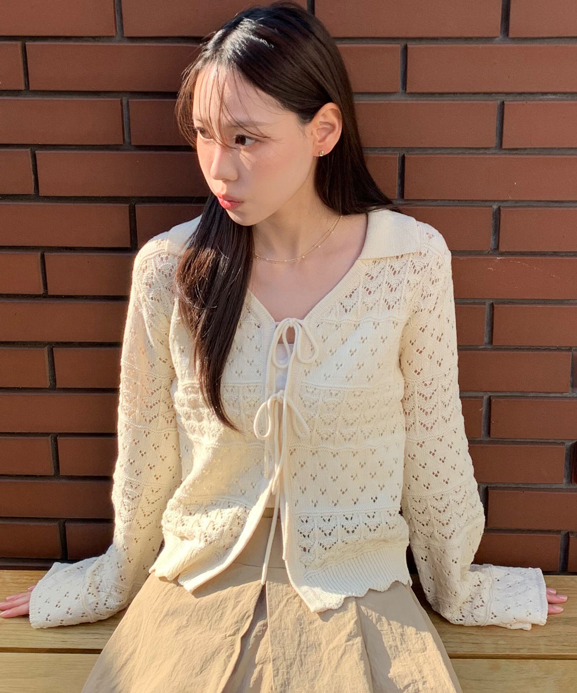  「透かし編み襟付きニットカーディガン」|ニット・セーター|オフ