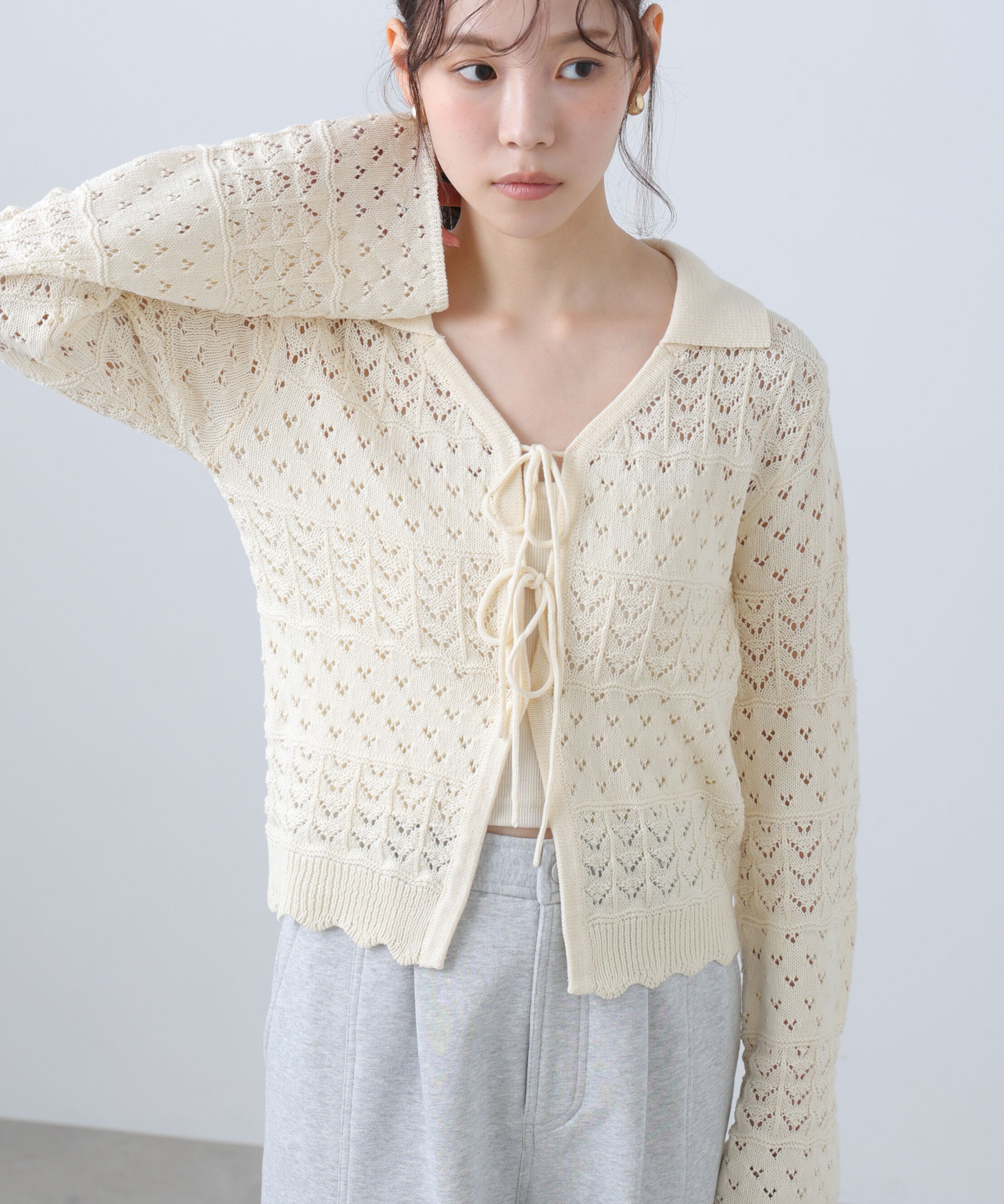  「透かし編み襟付きニットカーディガン」|ニット・セーター|