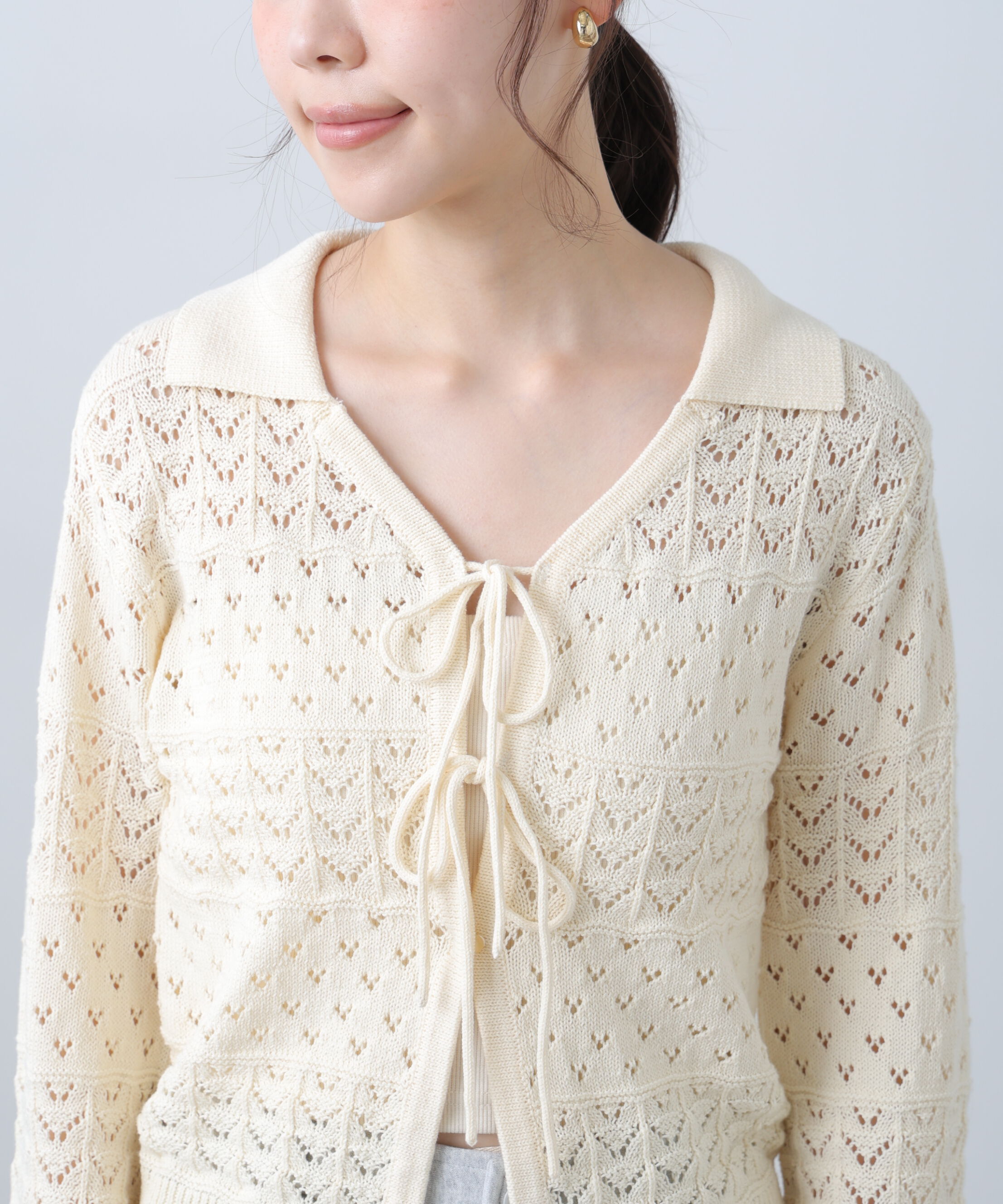  「透かし編み襟付きニットカーディガン」|ニット・セーター|