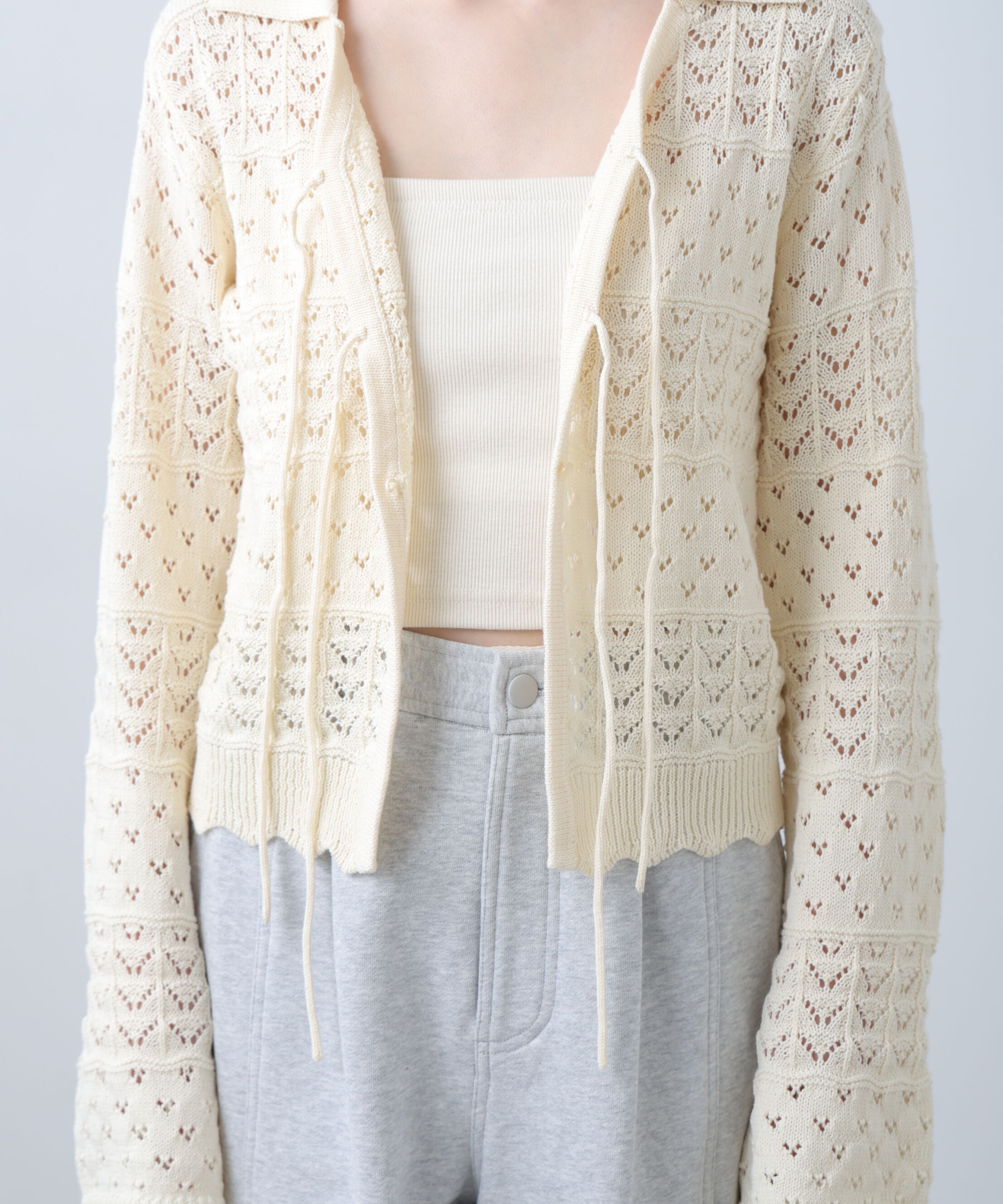  「透かし編み襟付きニットカーディガン」|ニット・セーター|