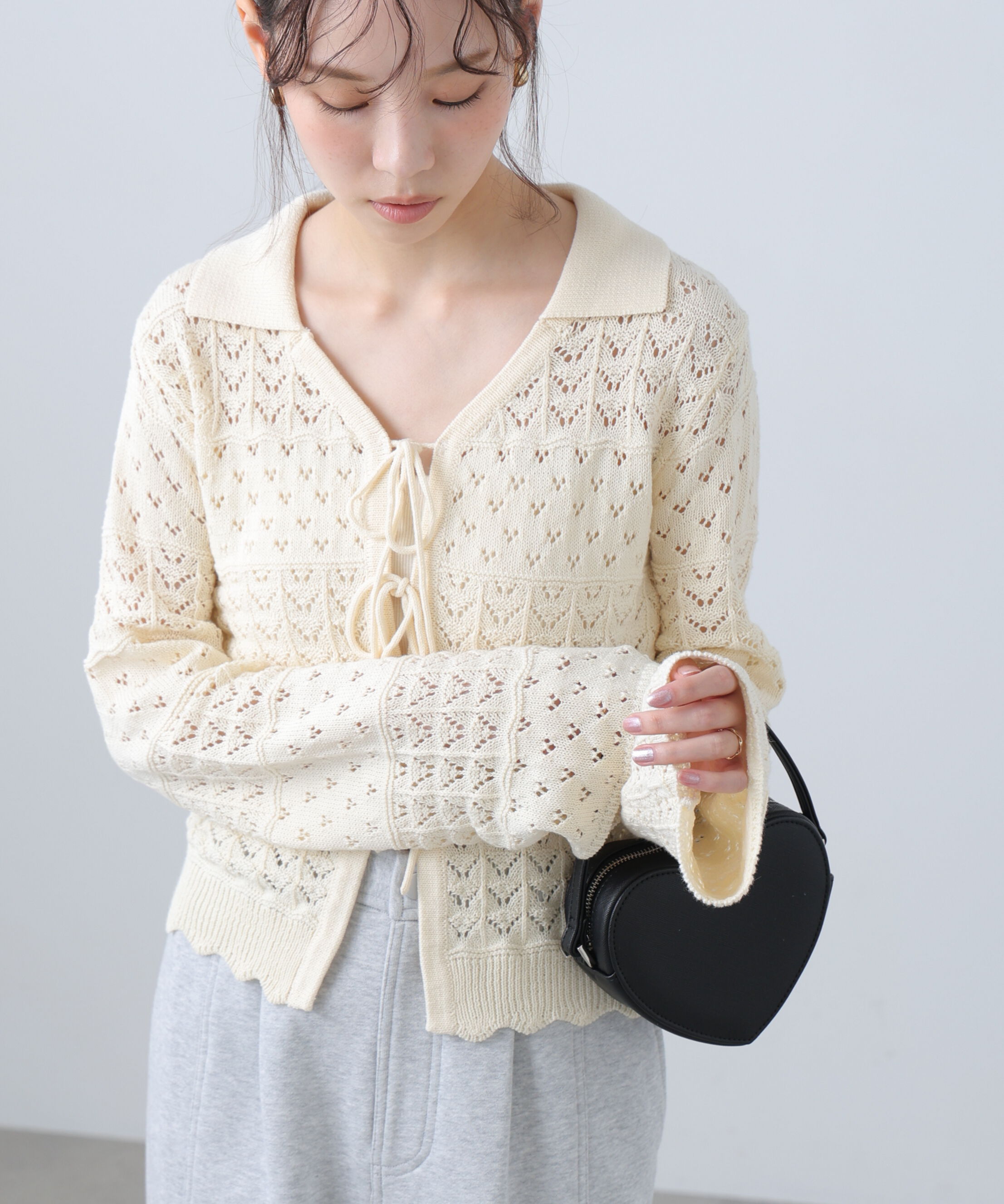  「透かし編み襟付きニットカーディガン」|ニット・セーター|