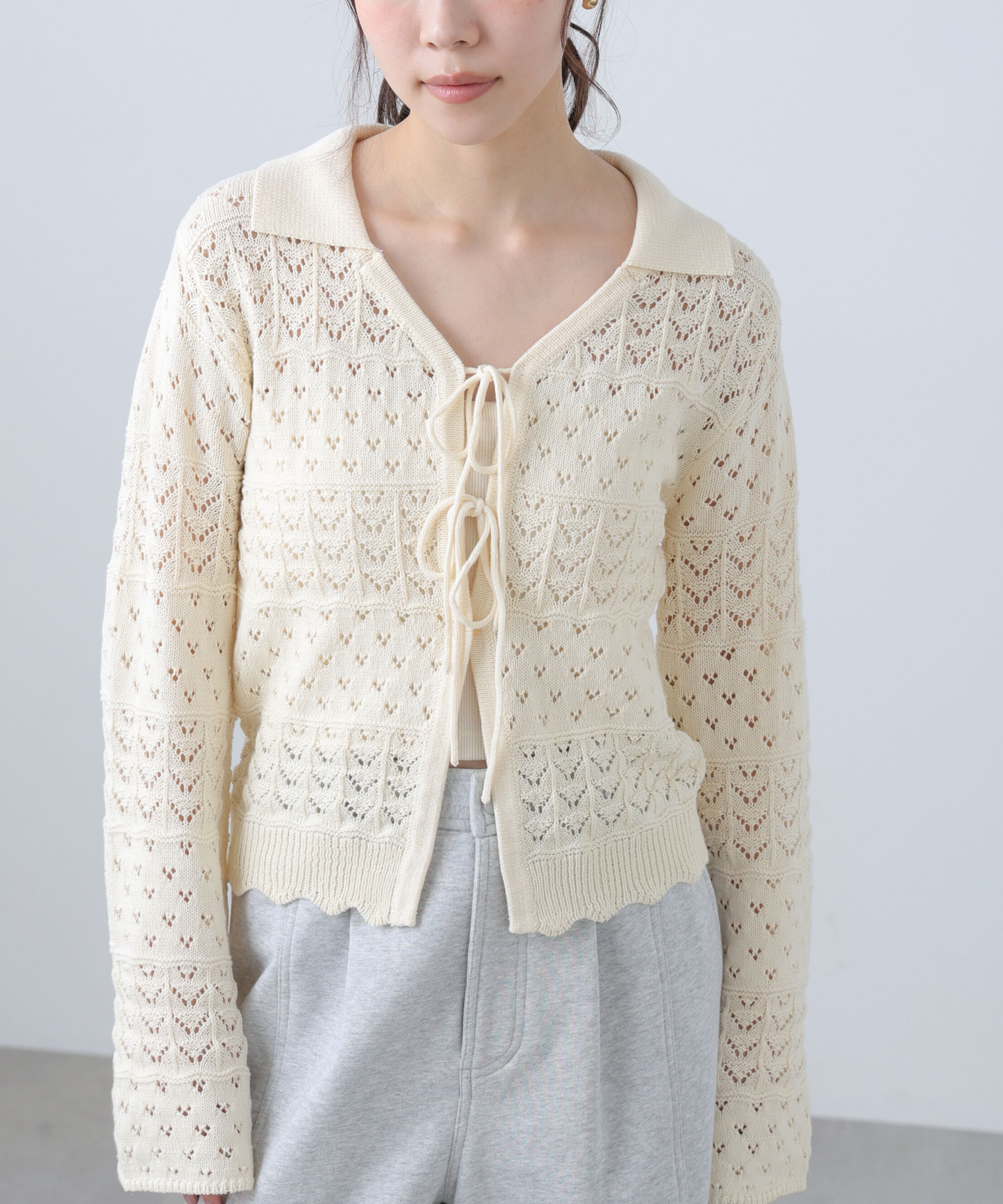  「透かし編み襟付きニットカーディガン」|ニット・セーター|