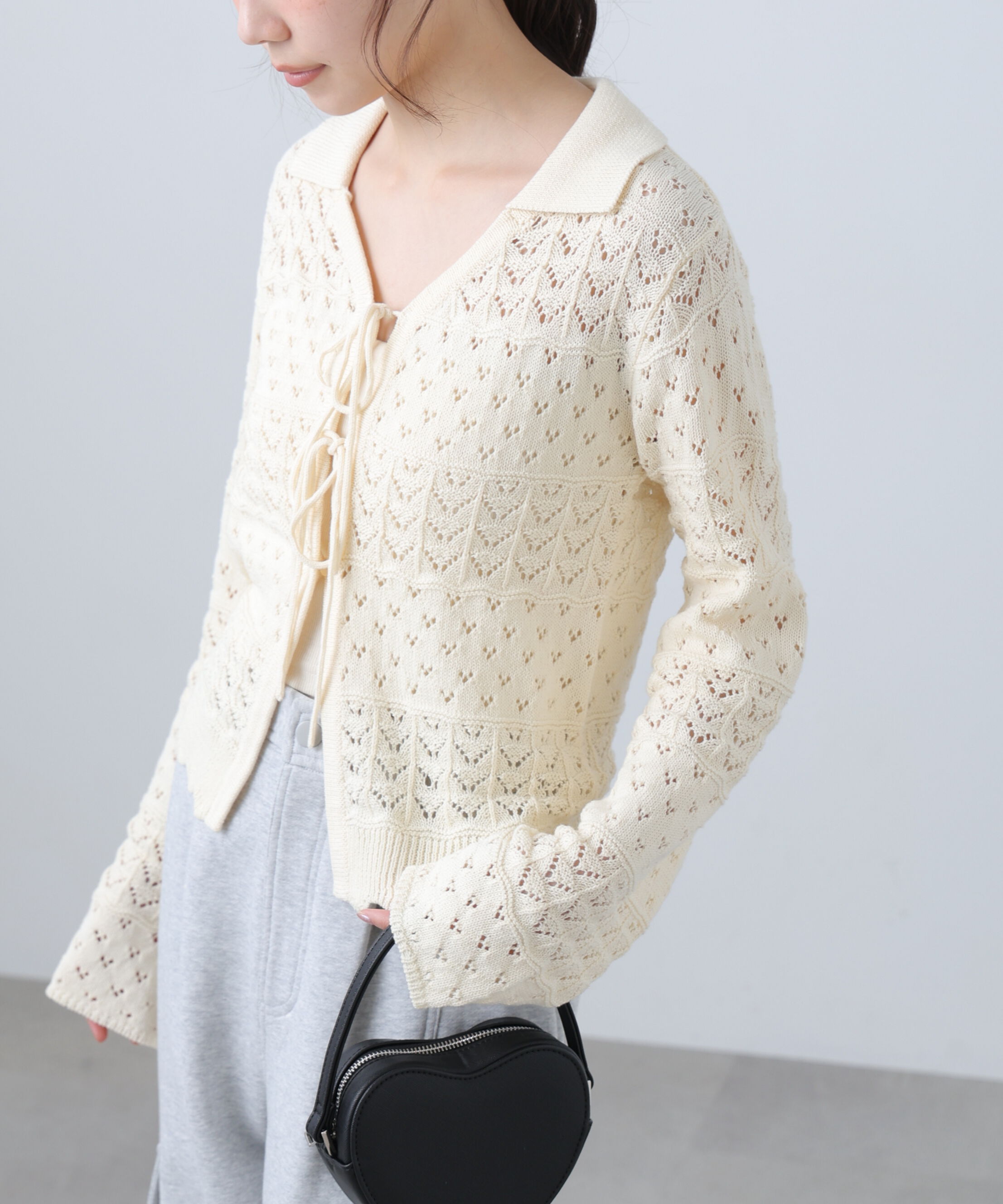  「透かし編み襟付きニットカーディガン」|ニット・セーター|
