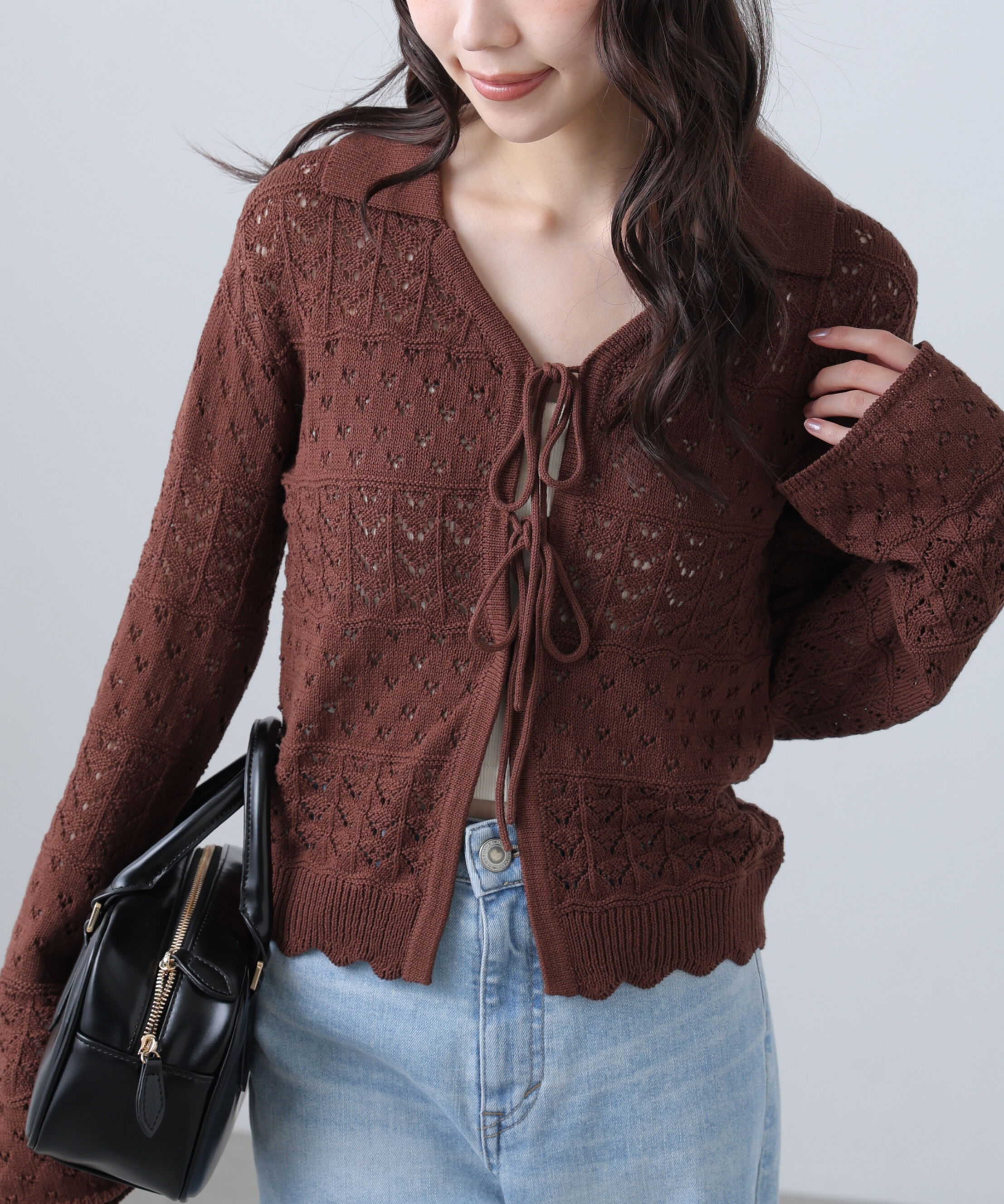  「透かし編み襟付きニットカーディガン」|ニット・セーター|ブラウン