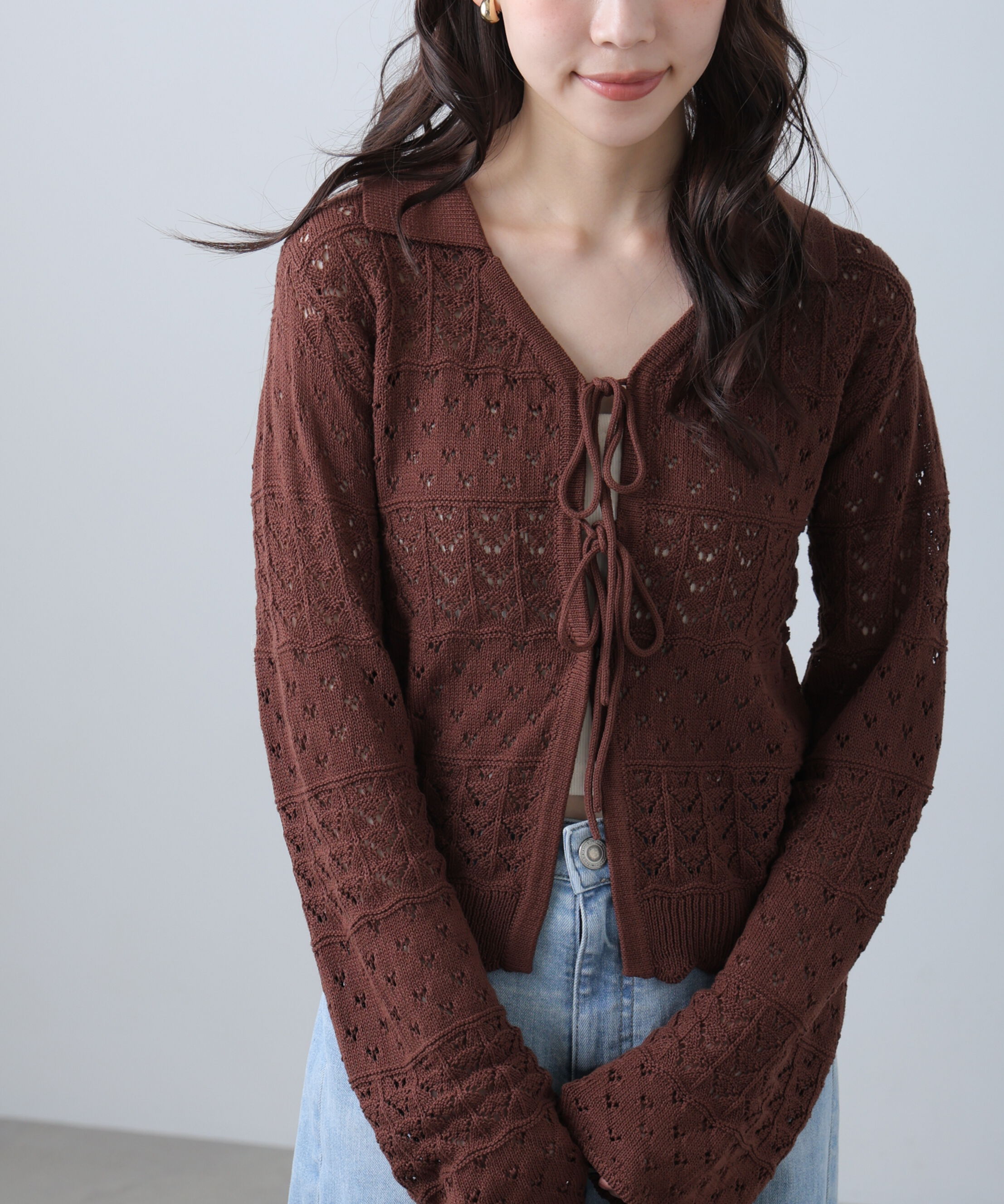  「透かし編み襟付きニットカーディガン」|ニット・セーター|