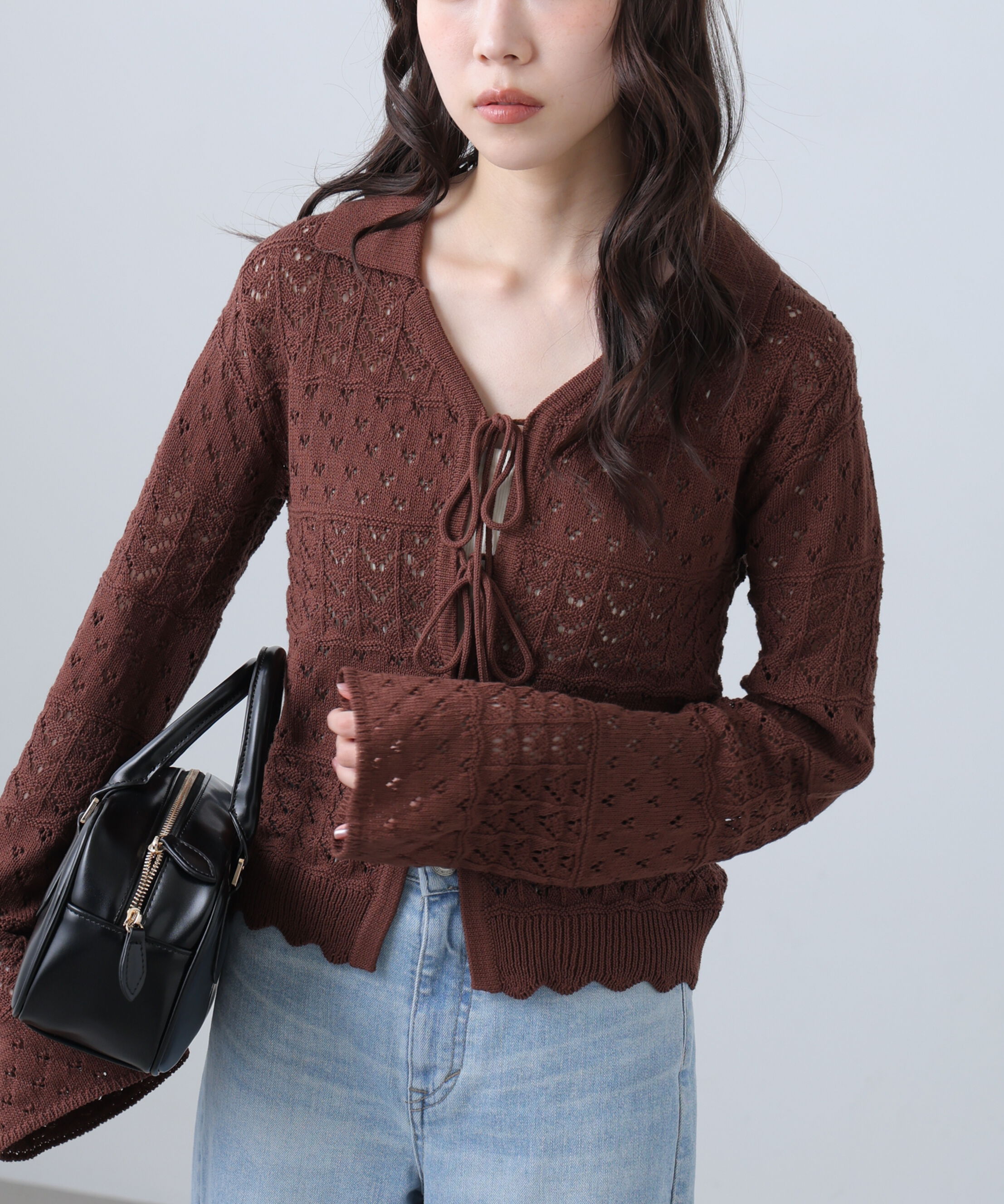  「透かし編み襟付きニットカーディガン」|ニット・セーター|
