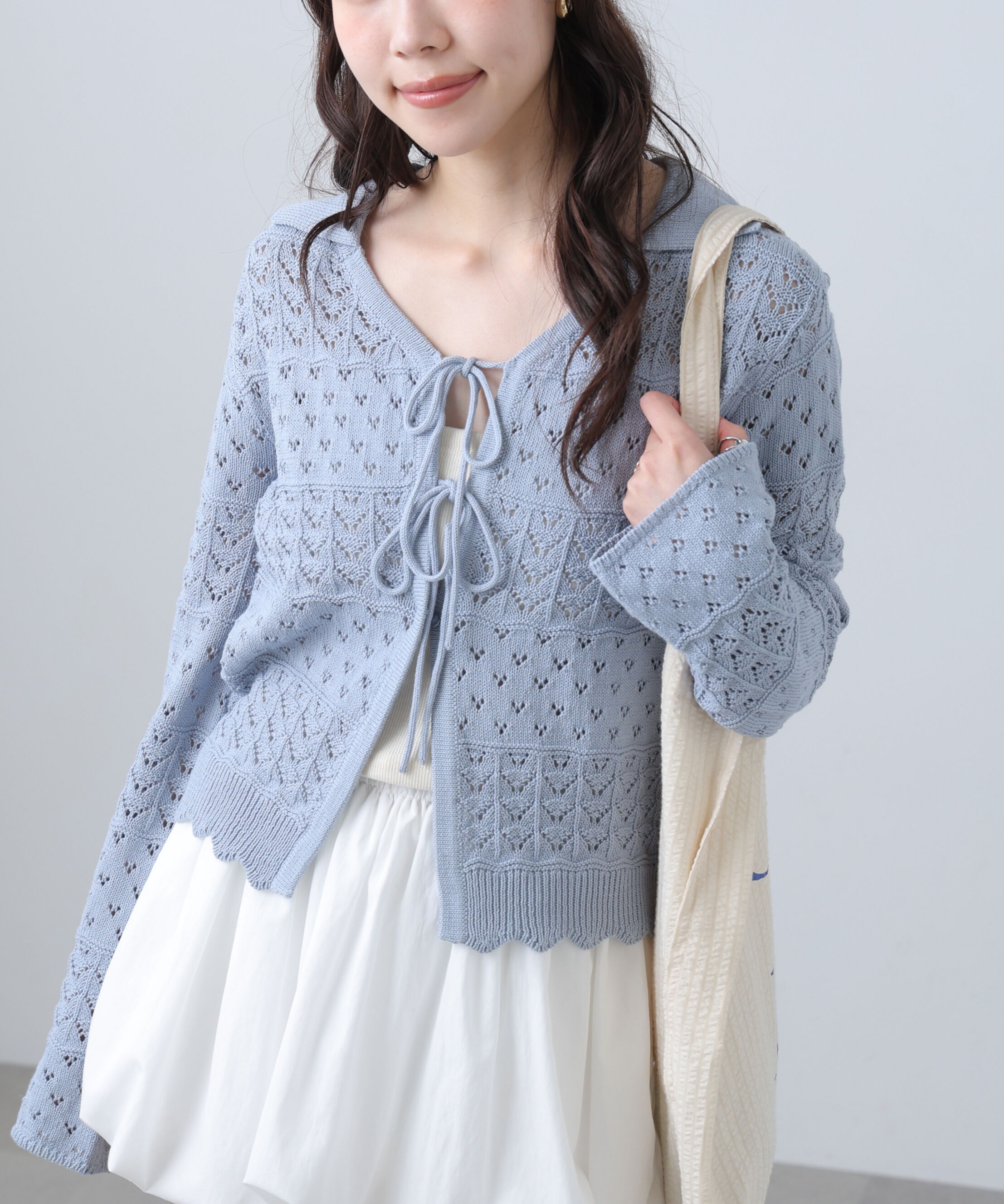  「透かし編み襟付きニットカーディガン」|ニット・セーター|