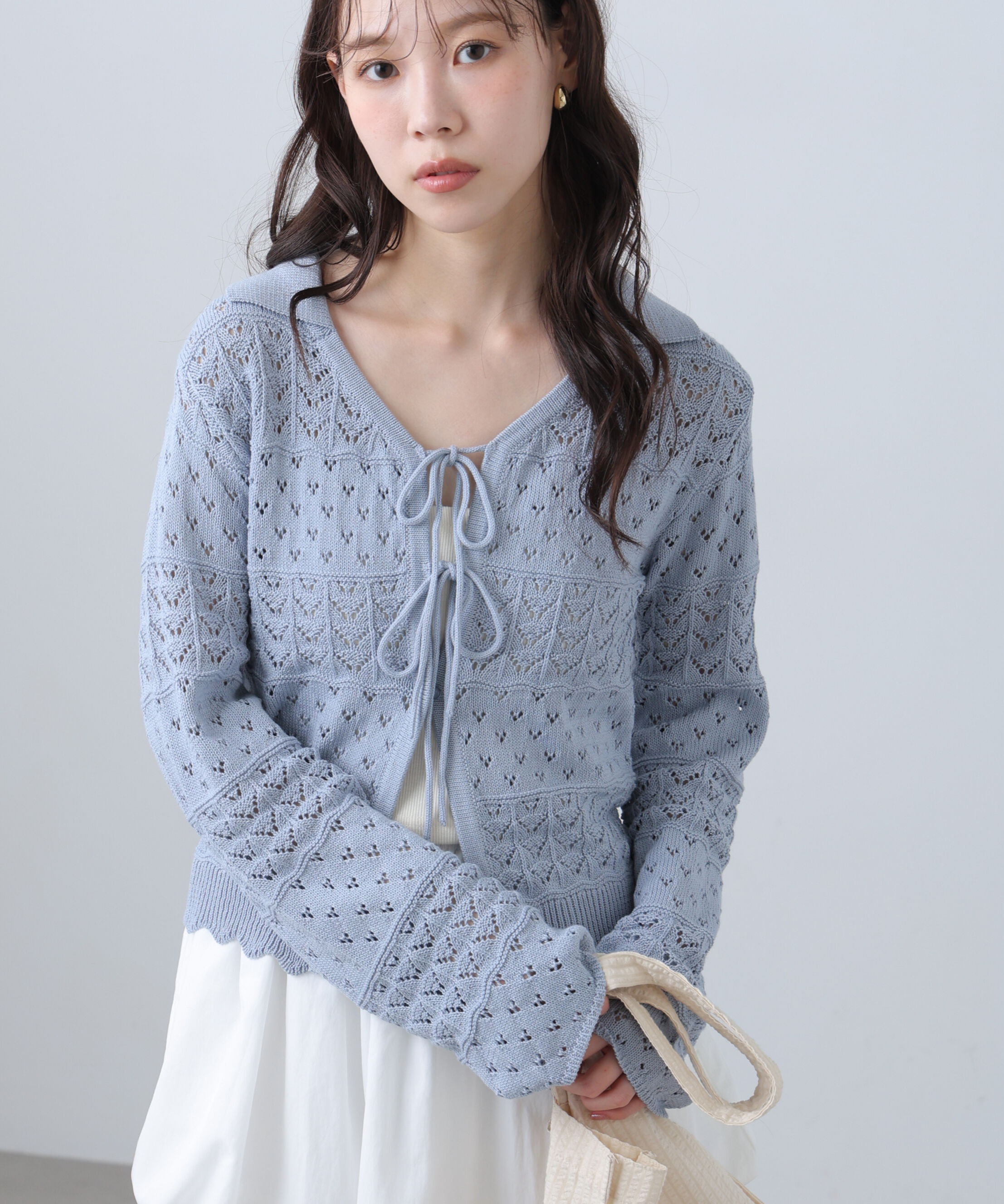 「透かし編み襟付きニットカーディガン」|ニット・セーター|