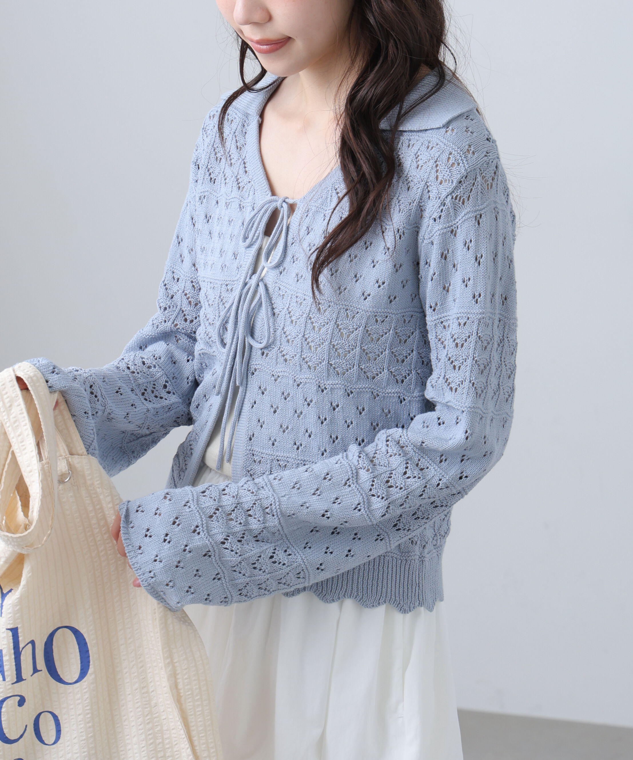  「透かし編み襟付きニットカーディガン」|ニット・セーター|