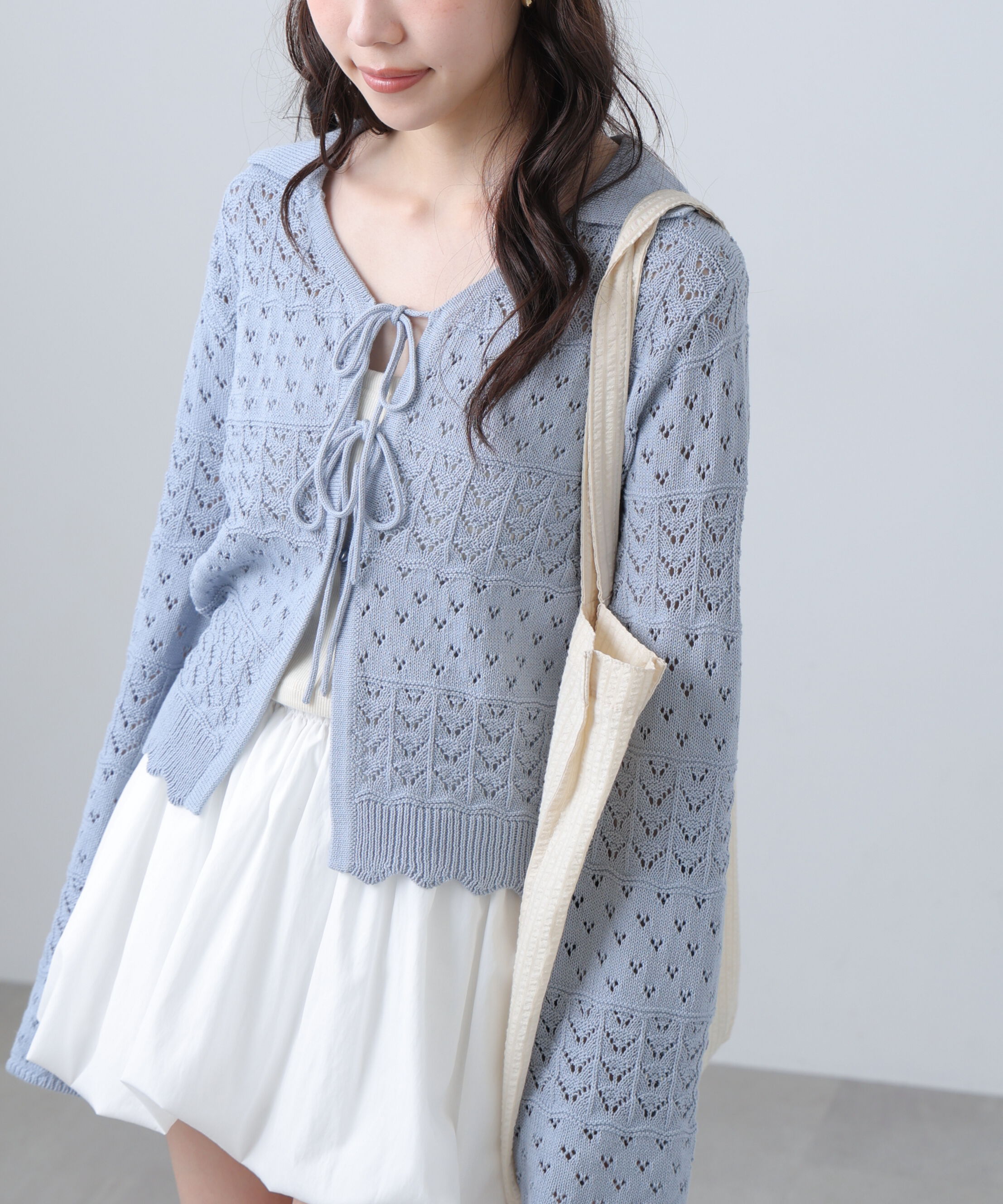  「透かし編み襟付きニットカーディガン」|ニット・セーター|