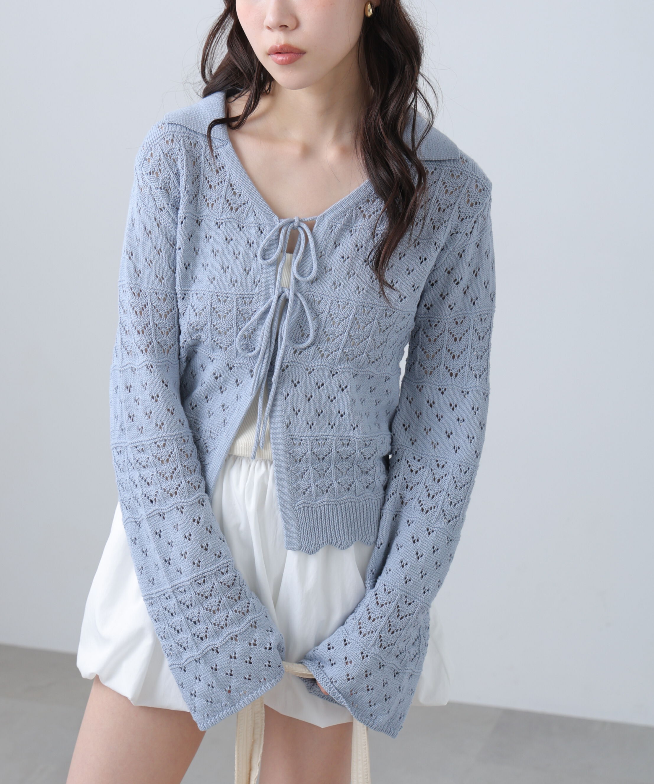  「透かし編み襟付きニットカーディガン」|ニット・セーター|