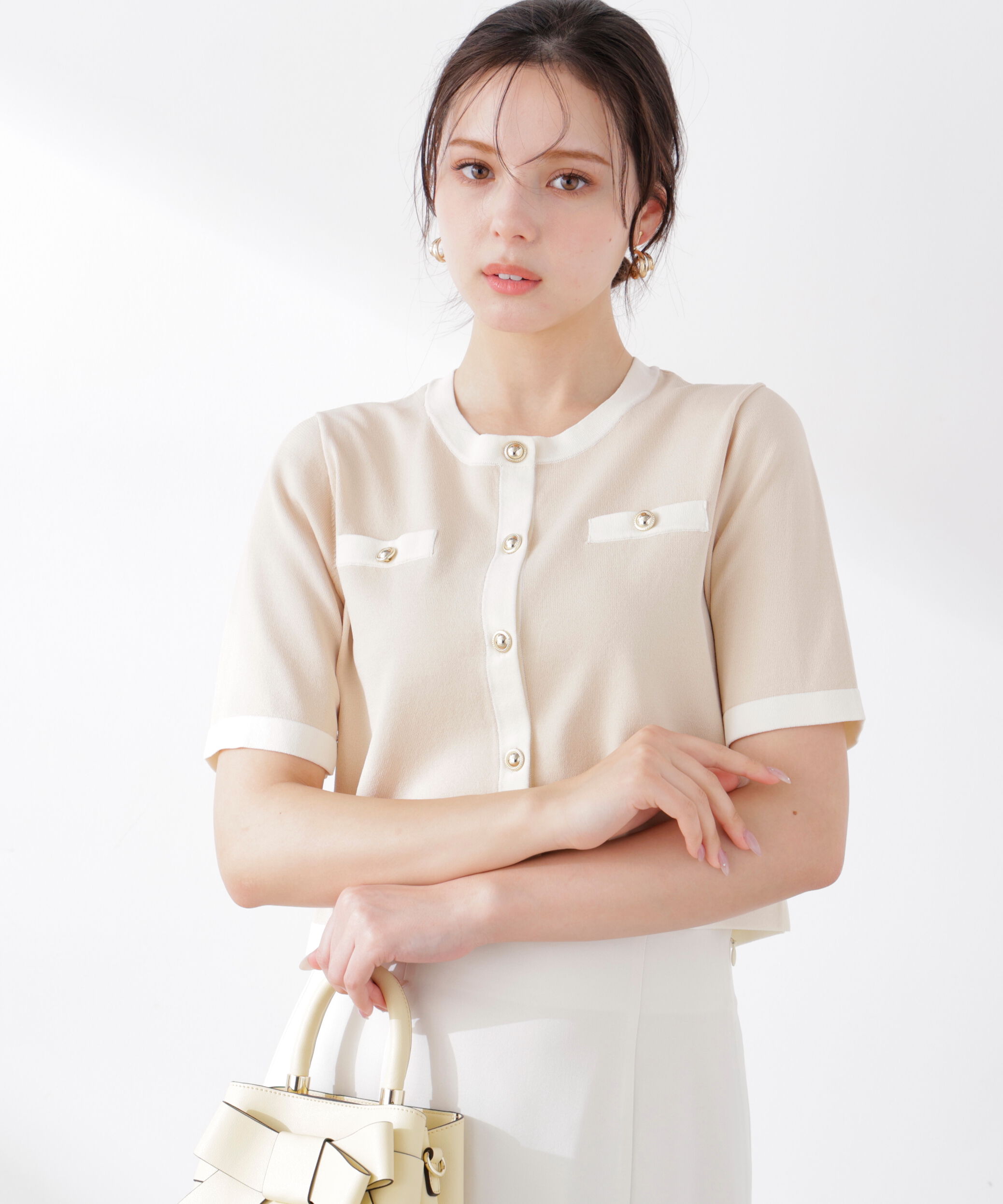 PROPORTION BODY DRESSING「ハーフスリーブバイカラーニットカーディガン　26SS」|カーディガン|ベージュ&times;エク