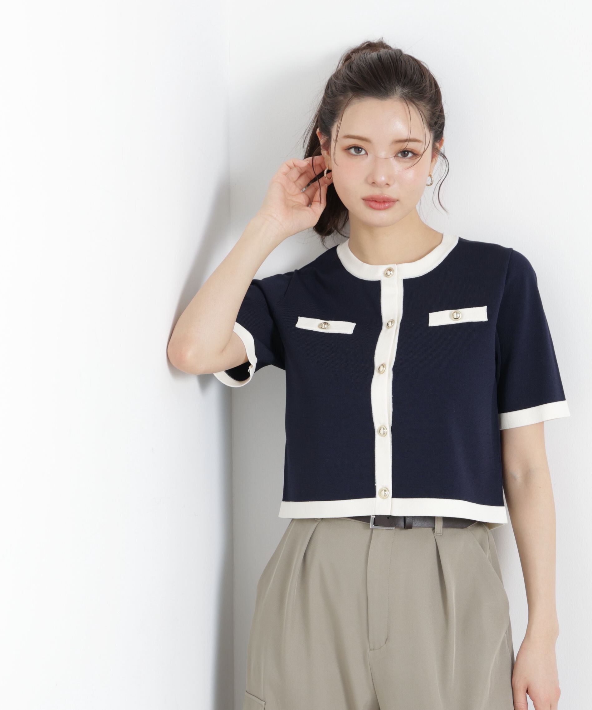 PROPORTION BODY DRESSING「ハーフスリーブバイカラーニットカーディガン　26SS」|カーディガン|