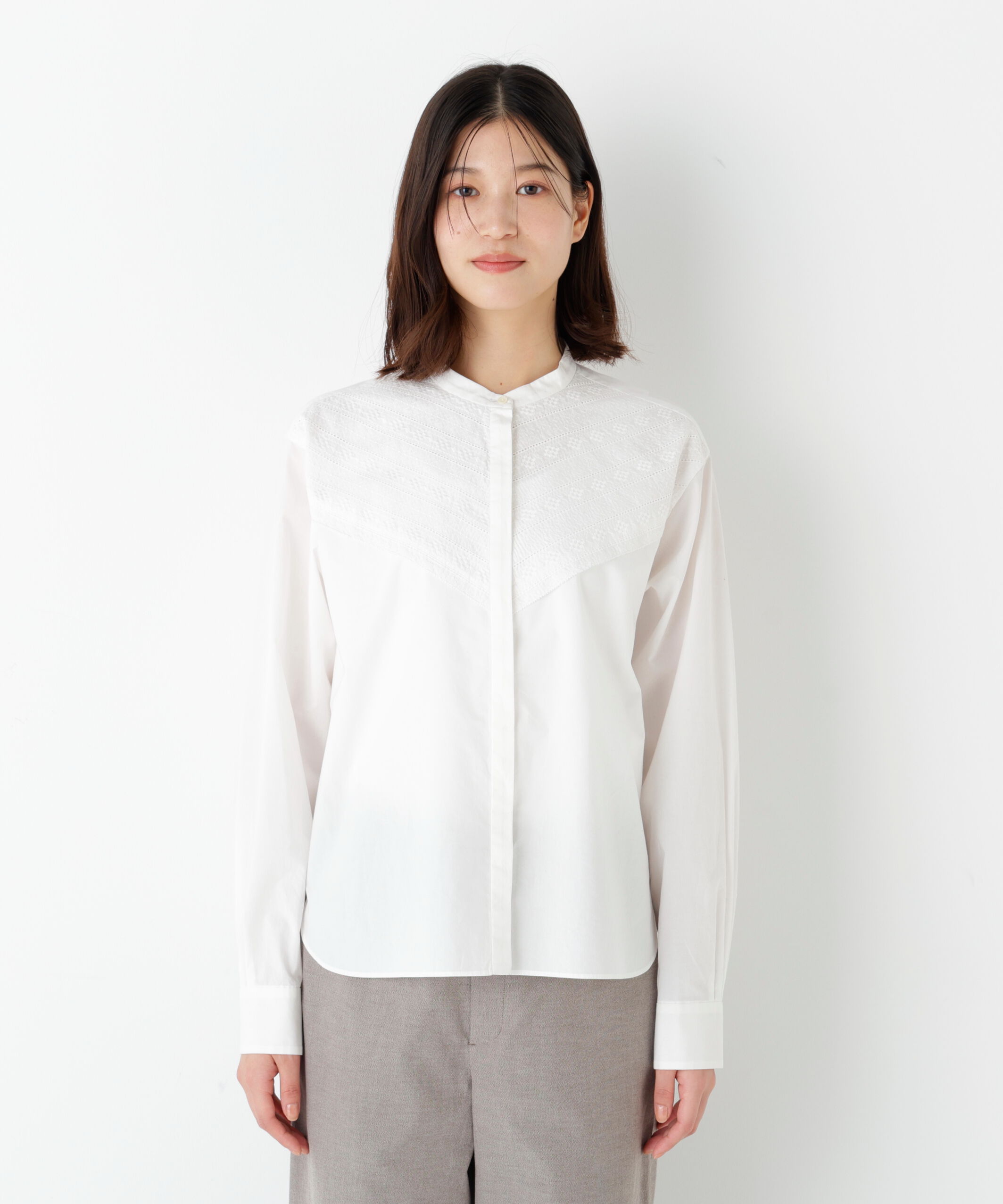  「◆《ウォッシャブル》レースドッキングバンドカラーブラウス」|シャツ・ブラウス|